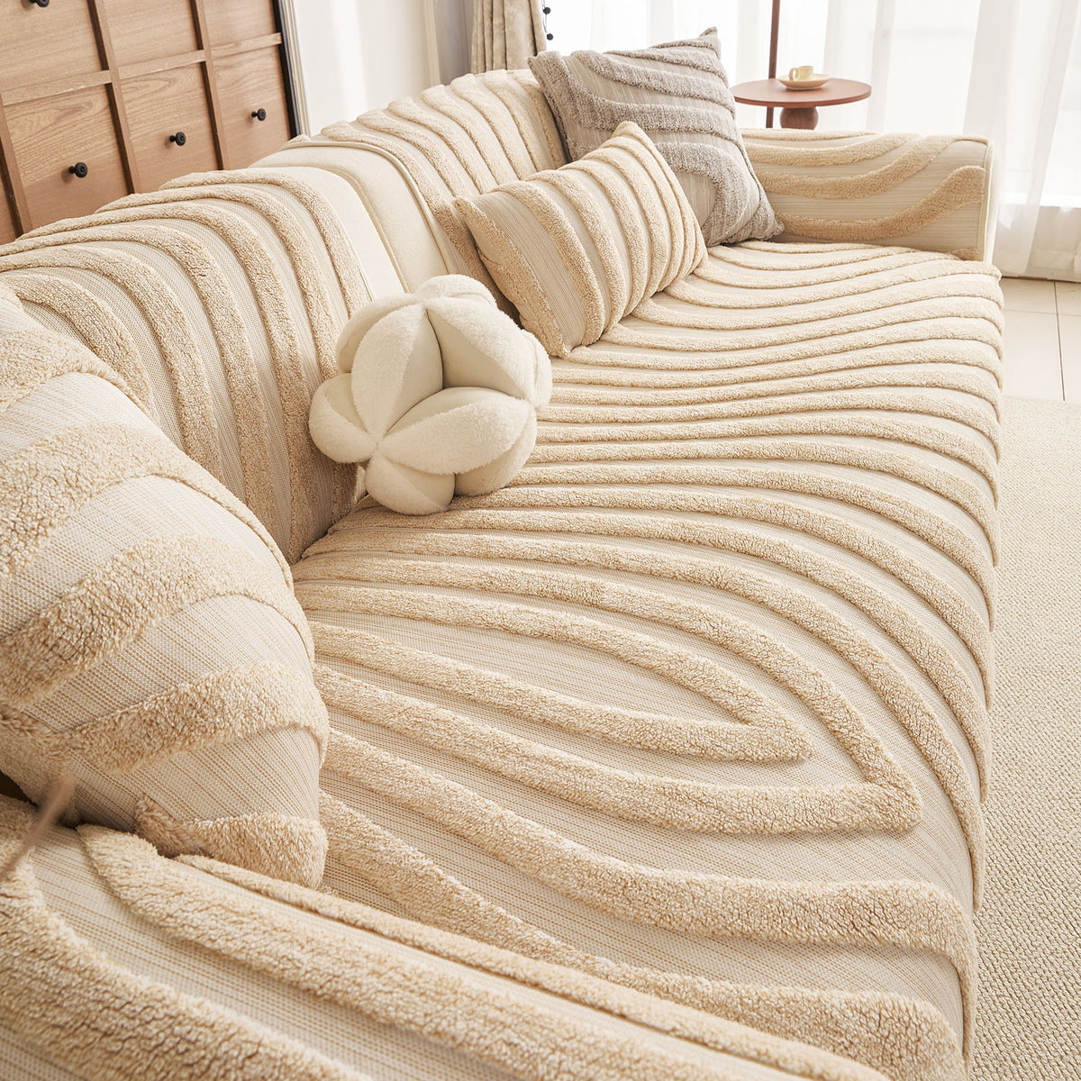 Cozy Plush Sofa Topper with Raised Wave Texture, Non-Slip Furniture Protector Cover