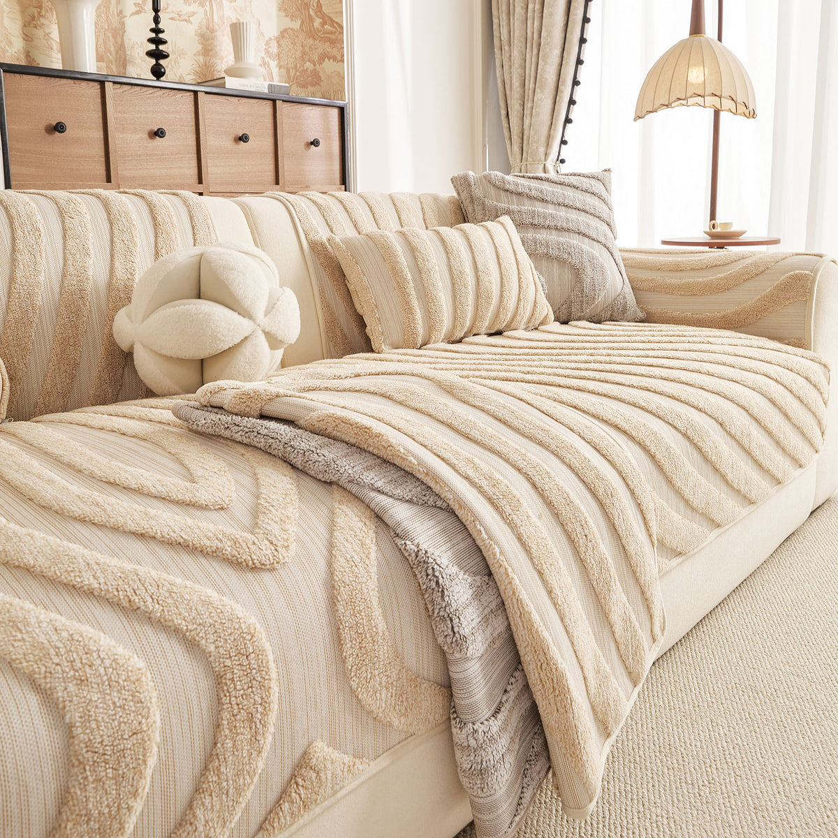 Cozy Plush Sofa Topper with Raised Wave Texture, Non-Slip Furniture Protector Cover