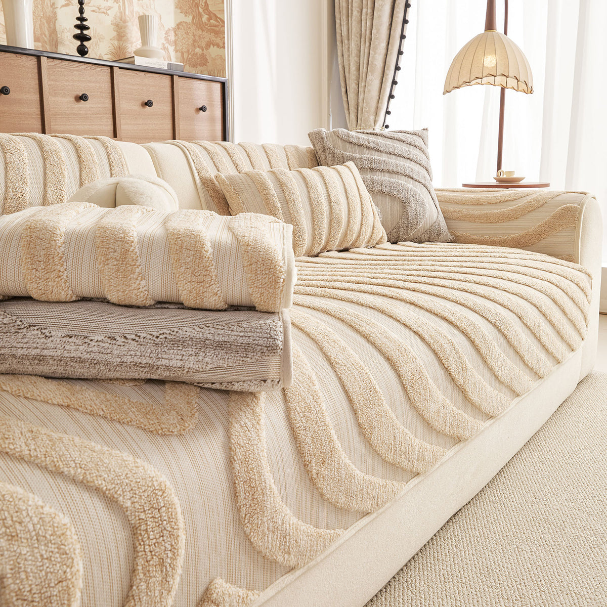 Cozy Plush Sofa Topper with Raised Wave Texture, Non-Slip Furniture Protector Cover