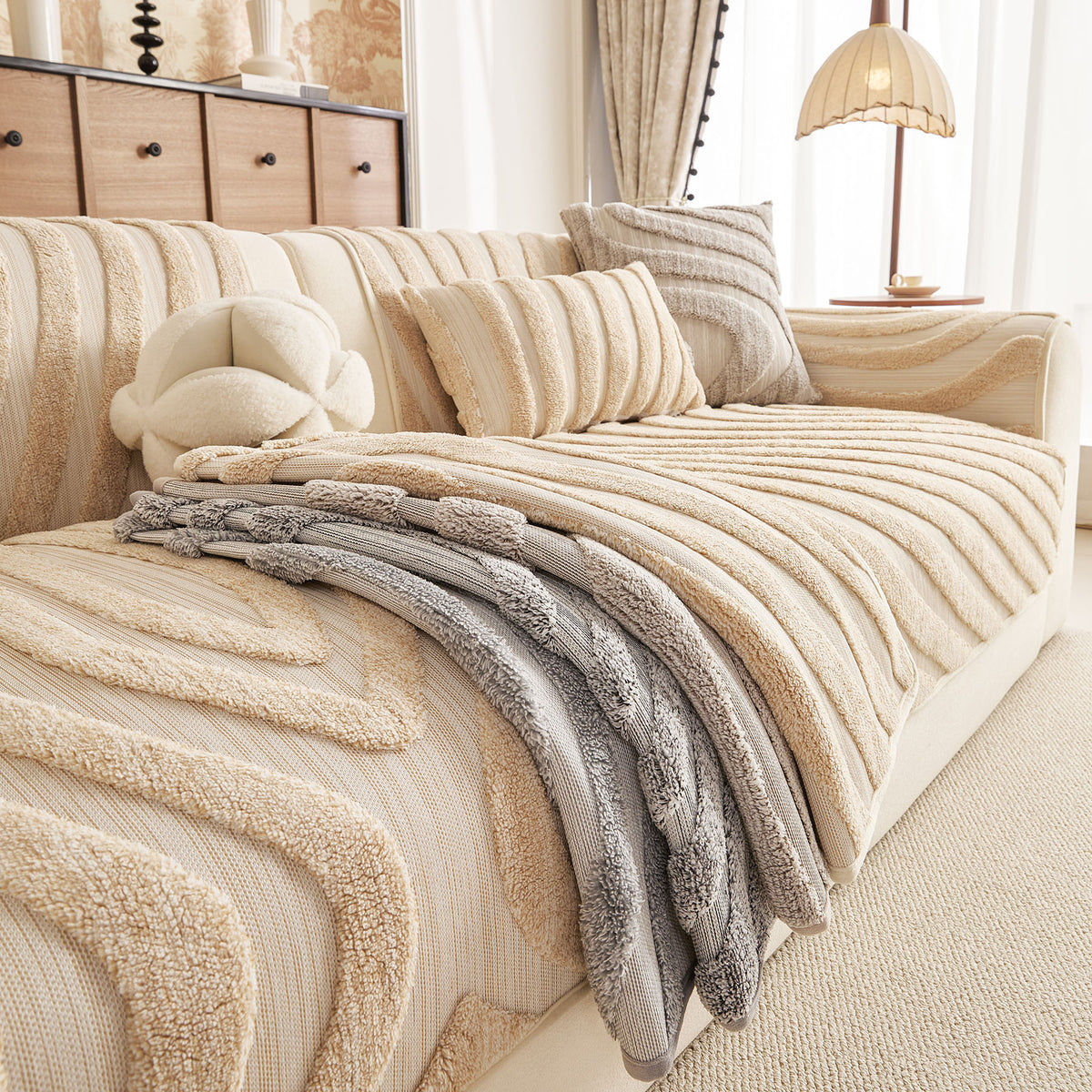 Cozy Plush Sofa Topper with Raised Wave Texture, Non-Slip Furniture Protector Cover