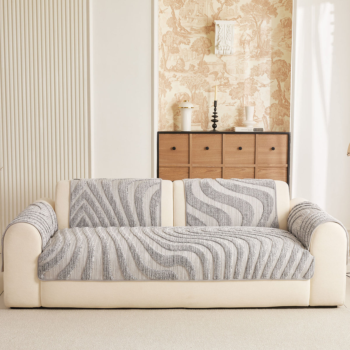 Cozy Plush Sofa Topper with Raised Wave Texture, Non-Slip Furniture Protector Cover