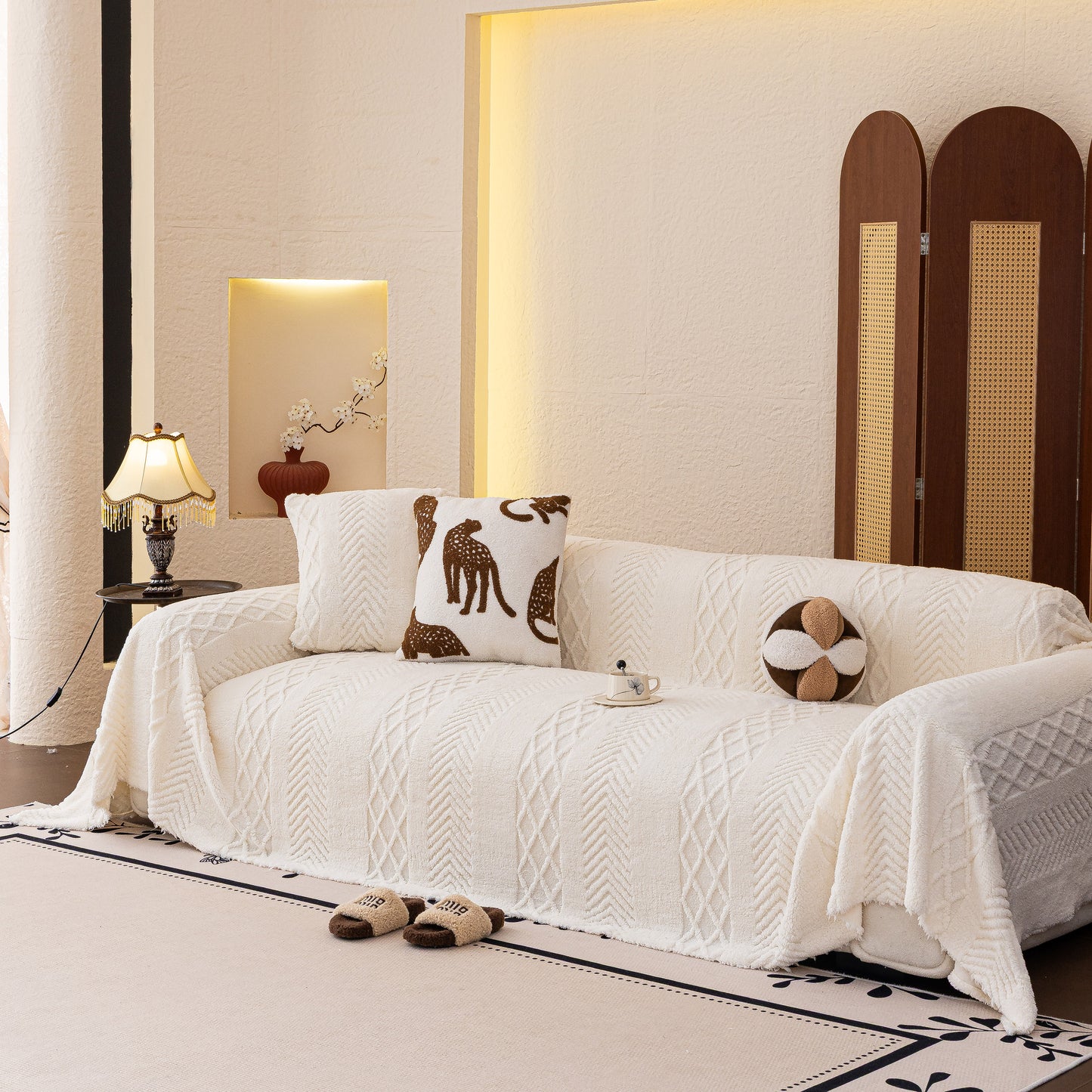 Plush Fleece Sofa Cover with 3D Cable Knit Texture Soft Cozy Warm Sofa Throw Blanket