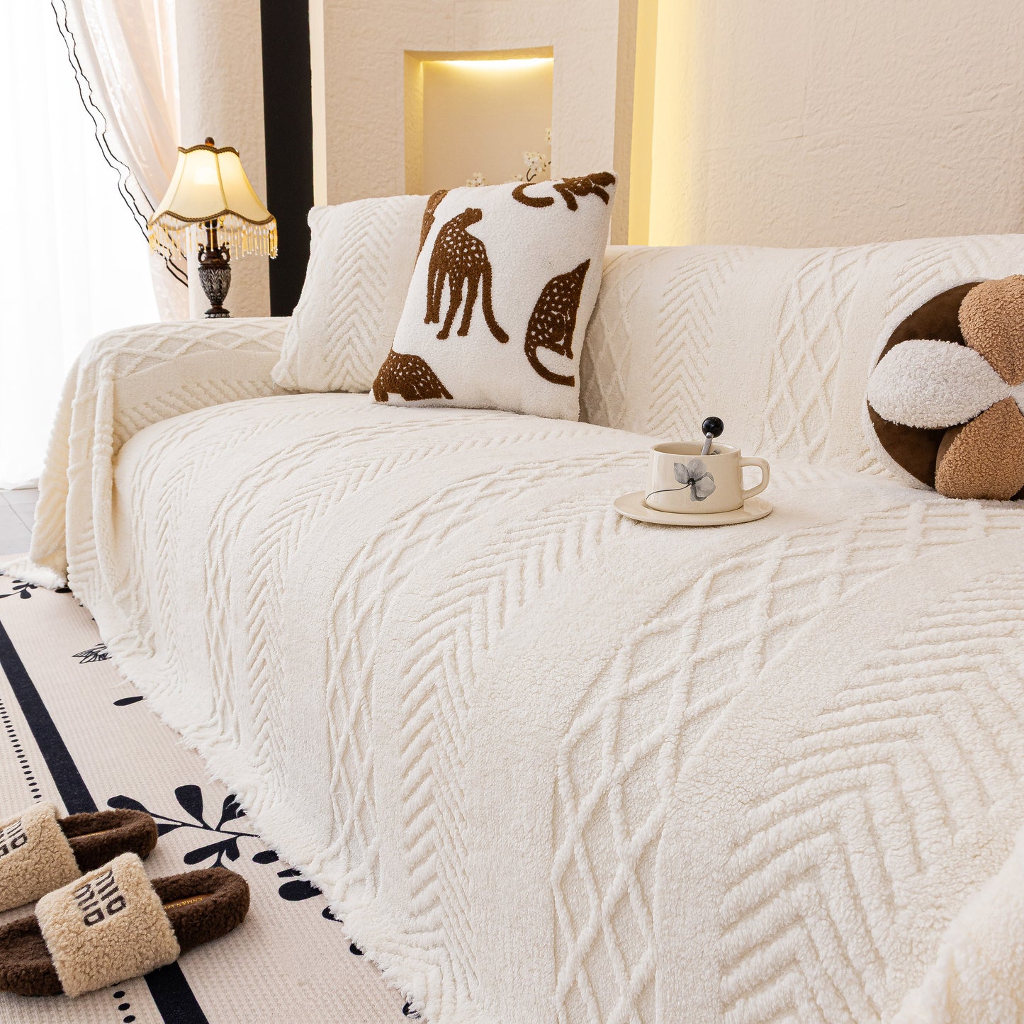 Plush Fleece Sofa Cover with 3D Cable Knit Texture Soft Cozy Warm Sofa Throw Blanket