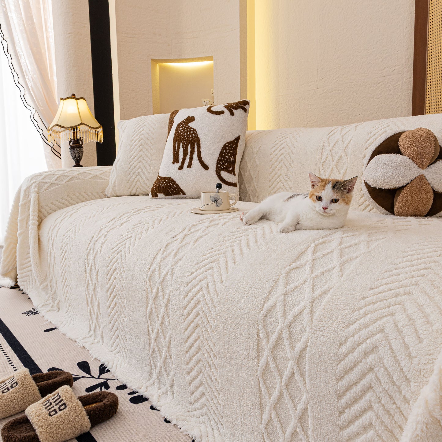 Plush Fleece Sofa Cover with 3D Cable Knit Texture Soft Cozy Warm Sofa Throw Blanket