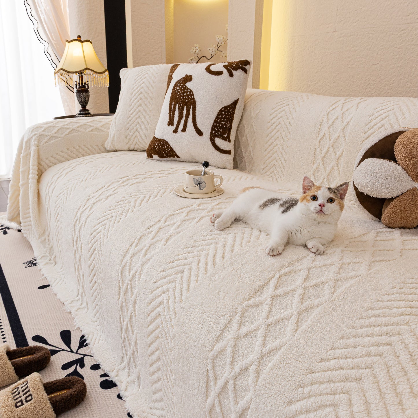 Plush Fleece Sofa Cover with 3D Cable Knit Texture Soft Cozy Warm Sofa Throw Blanket