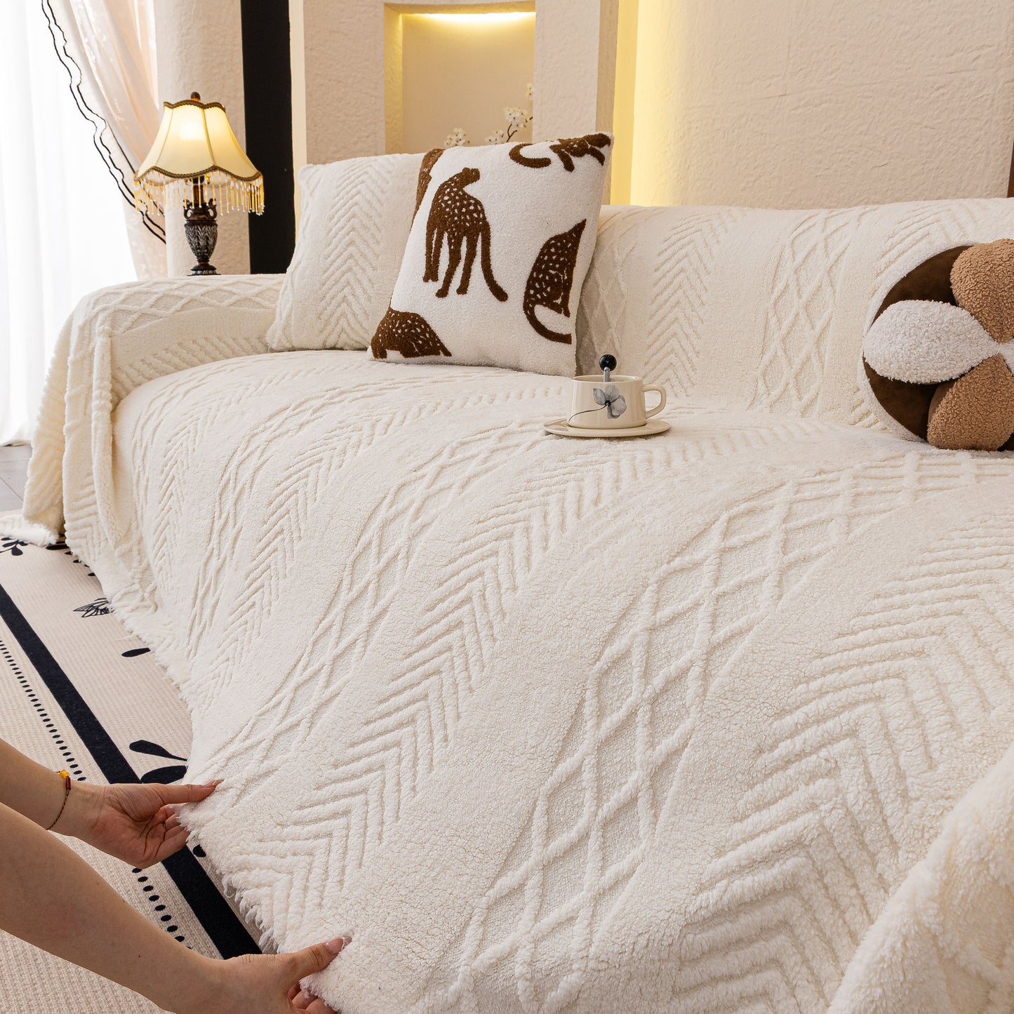 Plush Fleece Sofa Cover with 3D Cable Knit Texture Soft Cozy Warm Sofa Throw Blanket