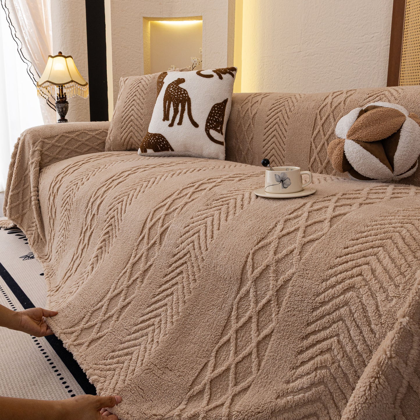 Plush Fleece Sofa Cover with 3D Cable Knit Texture Soft Cozy Warm Sofa Throw Blanket