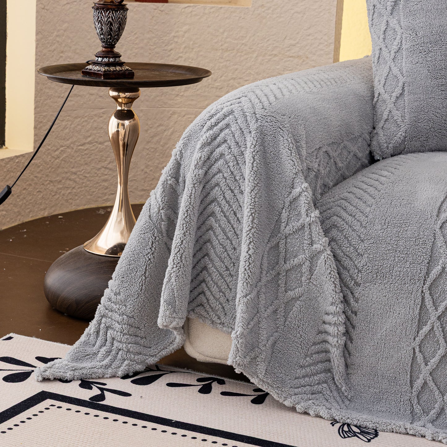 Plush Fleece Sofa Cover with 3D Cable Knit Texture Soft Cozy Warm Sofa Throw Blanket
