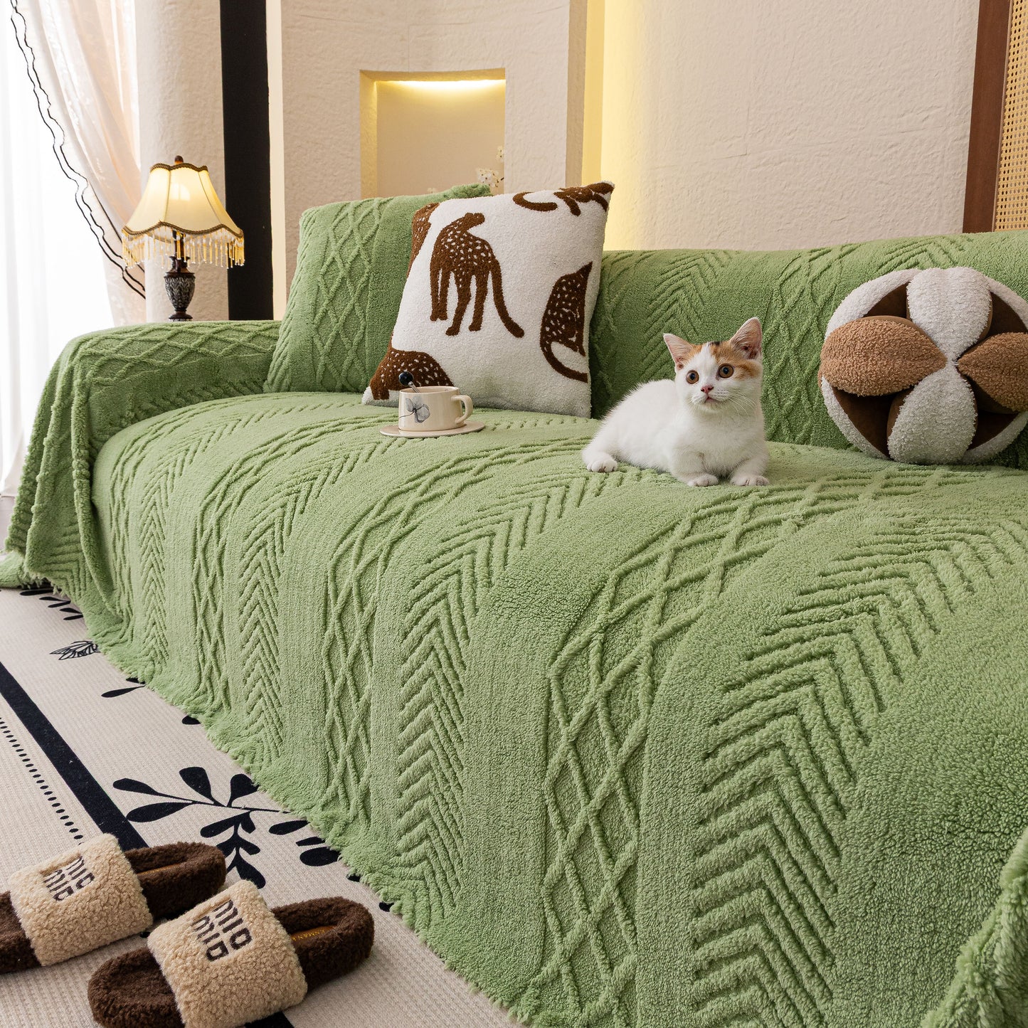 Plush Fleece Sofa Cover with 3D Cable Knit Texture Soft Cozy Warm Sofa Throw Blanket