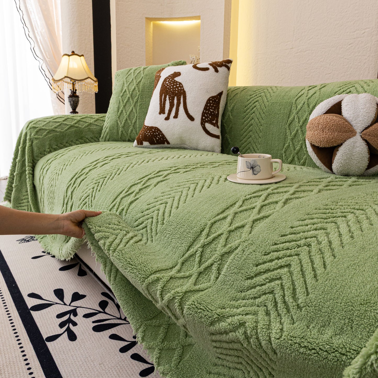 Plush Fleece Sofa Cover with 3D Cable Knit Texture Soft Cozy Warm Sofa Throw Blanket