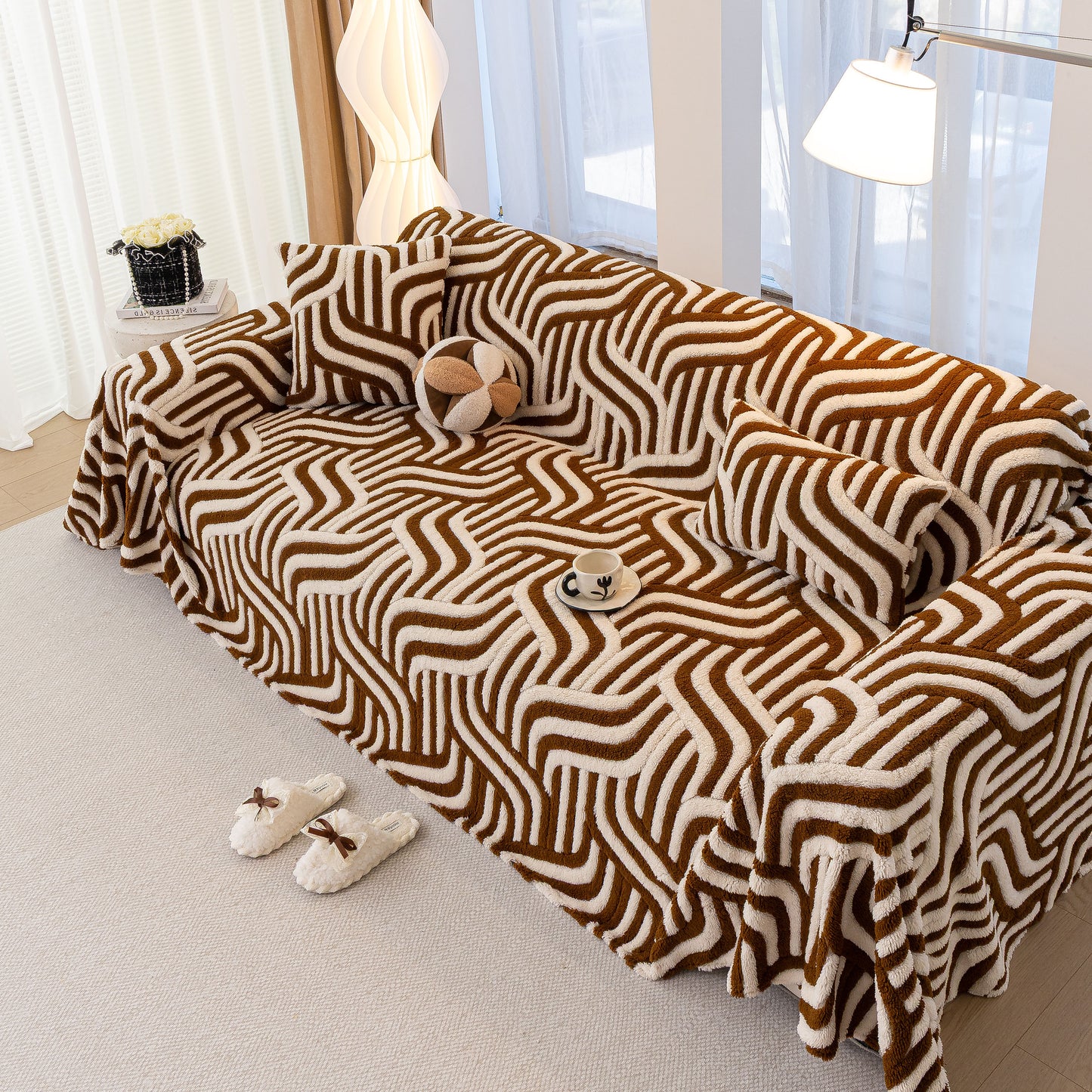 Plush Sherpa Sofa Throw Cover for Sectional, Jacquard Wave Throw Furniture Protector