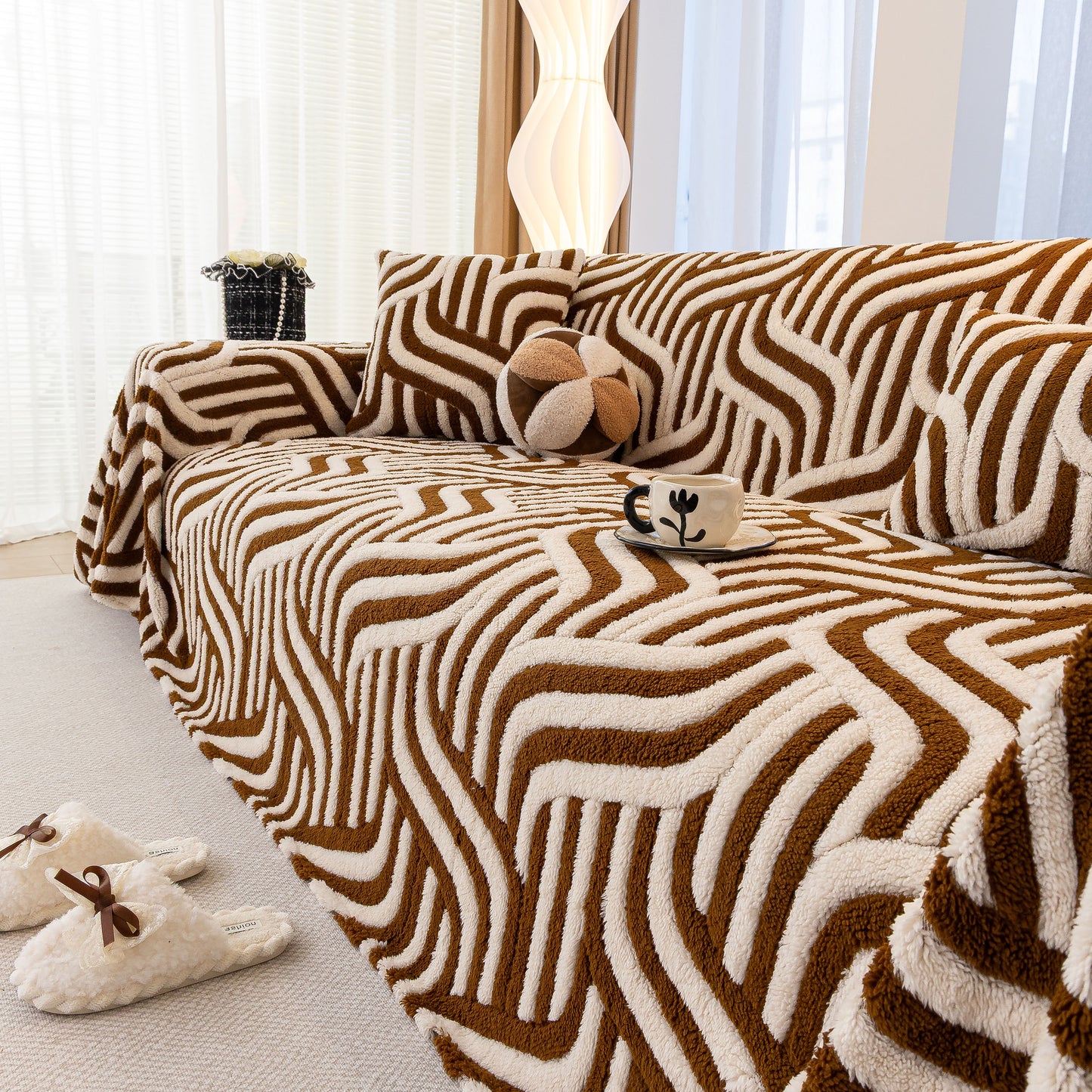 Plush Sherpa Sofa Throw Cover for Sectional, Jacquard Wave Throw Furniture Protector