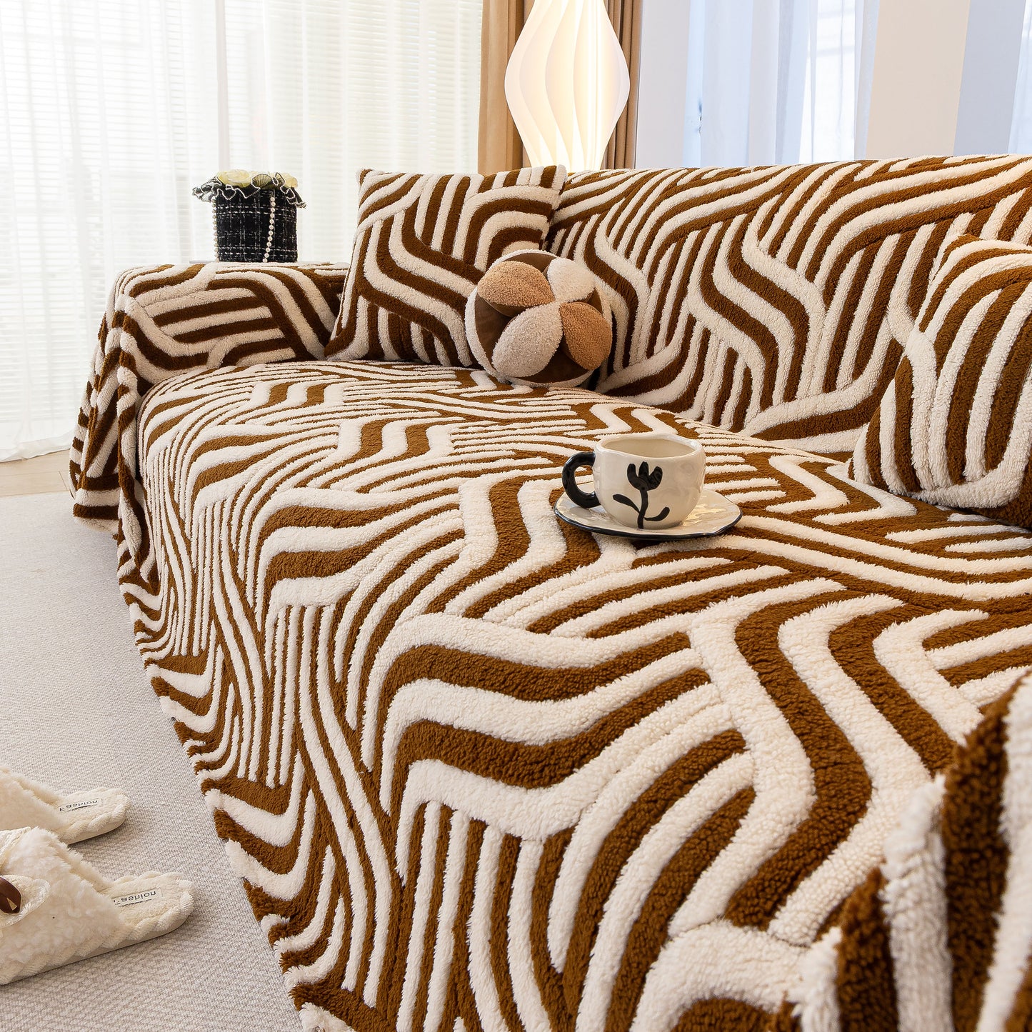 Plush Sherpa Sofa Throw Cover for Sectional, Jacquard Wave Throw Furniture Protector