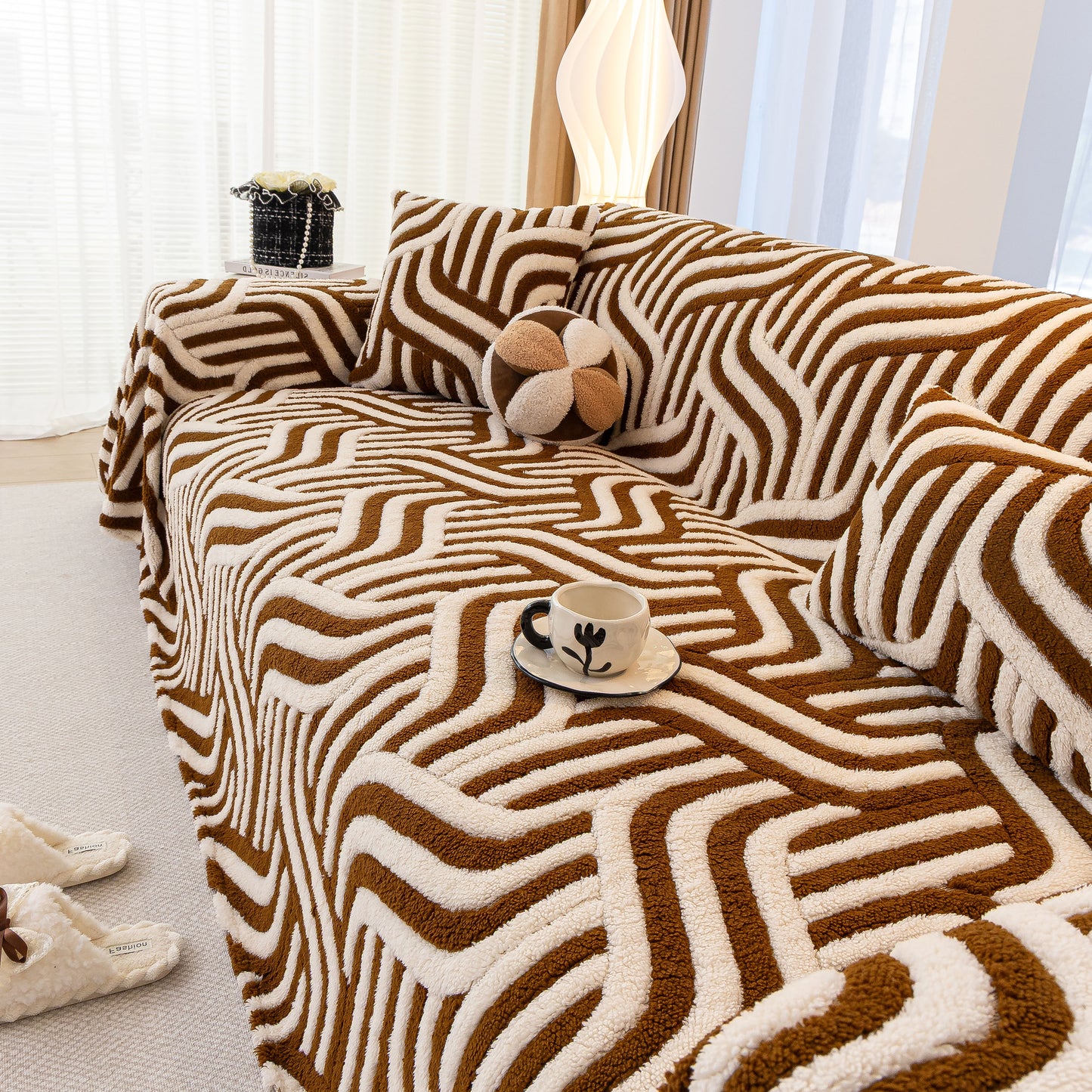 Plush Sherpa Sofa Throw Cover for Sectional, Jacquard Wave Throw Furniture Protector