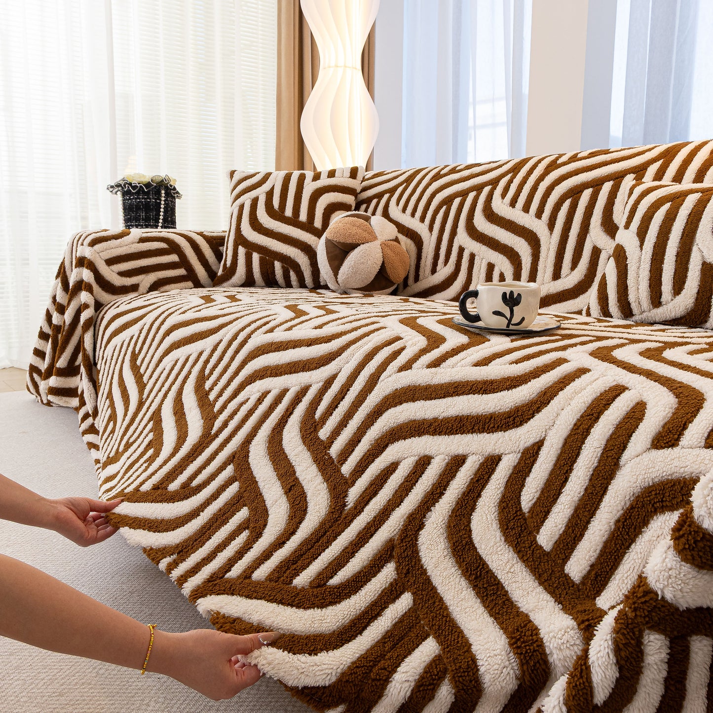 Plush Sherpa Sofa Throw Cover for Sectional, Jacquard Wave Throw Furniture Protector