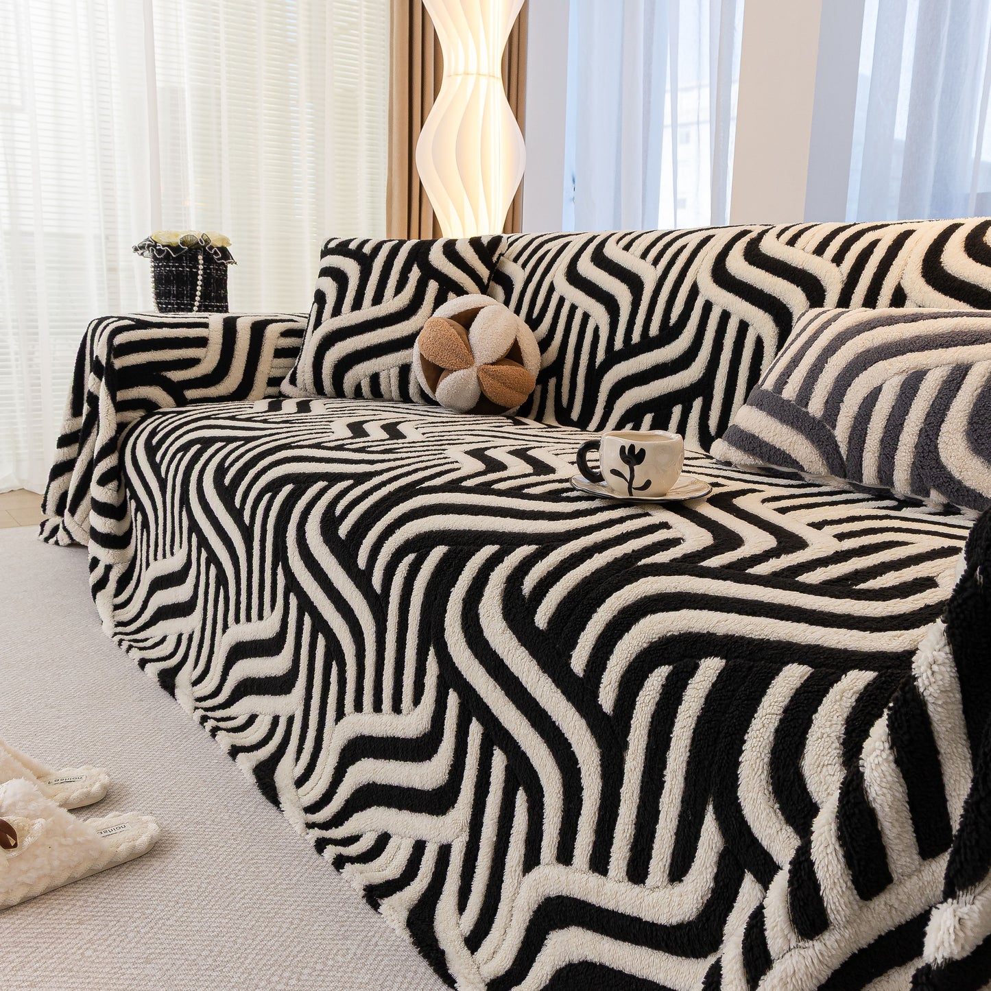 Plush Sherpa Sofa Throw Cover for Sectional, Jacquard Wave Throw Furniture Protector