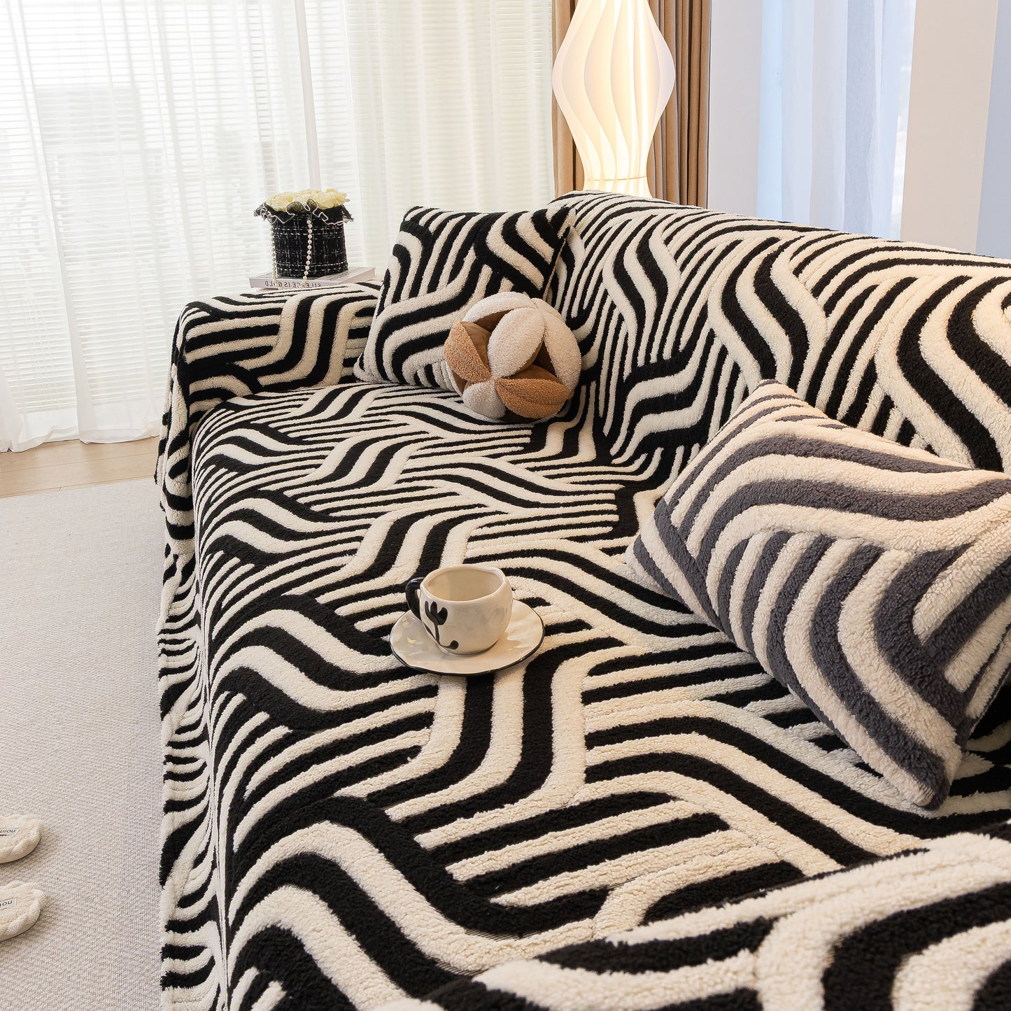 Plush Sherpa Sofa Throw Cover for Sectional, Jacquard Wave Throw Furniture Protector