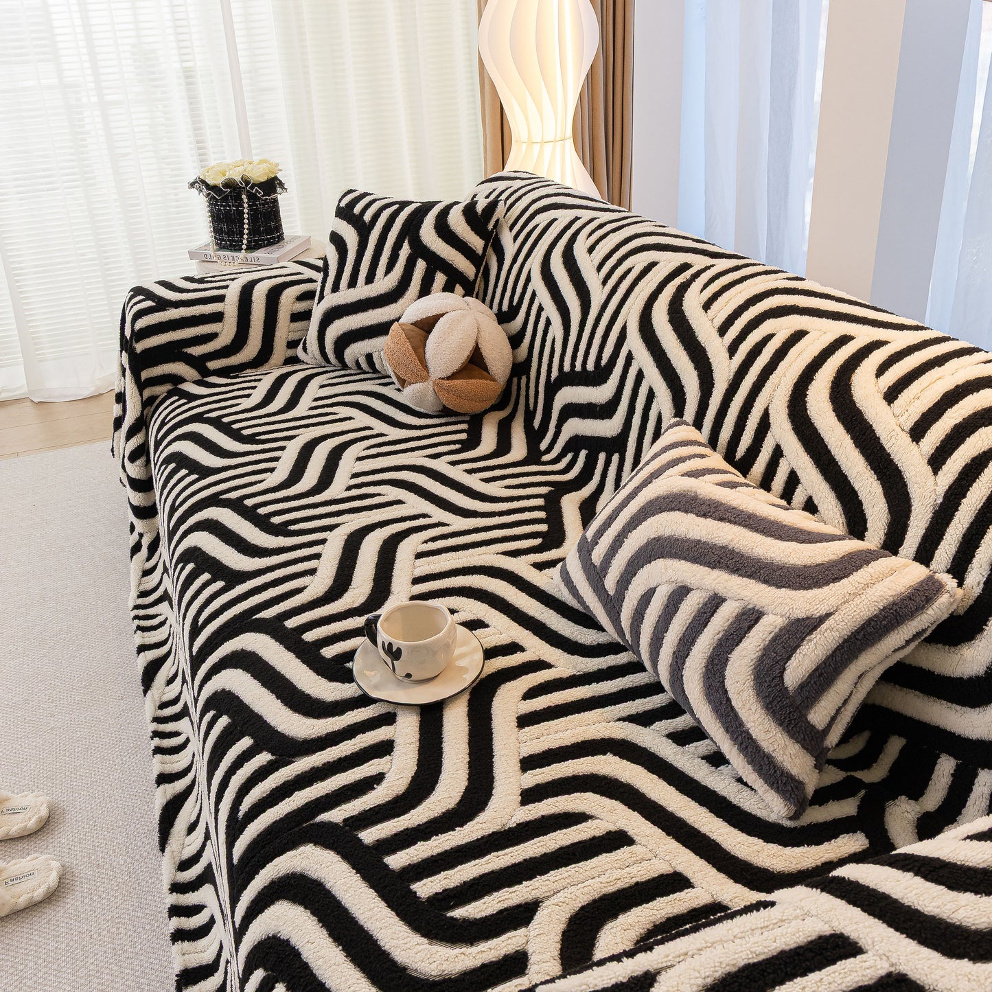 Plush Sherpa Sofa Throw Cover for Sectional, Jacquard Wave Throw Furniture Protector