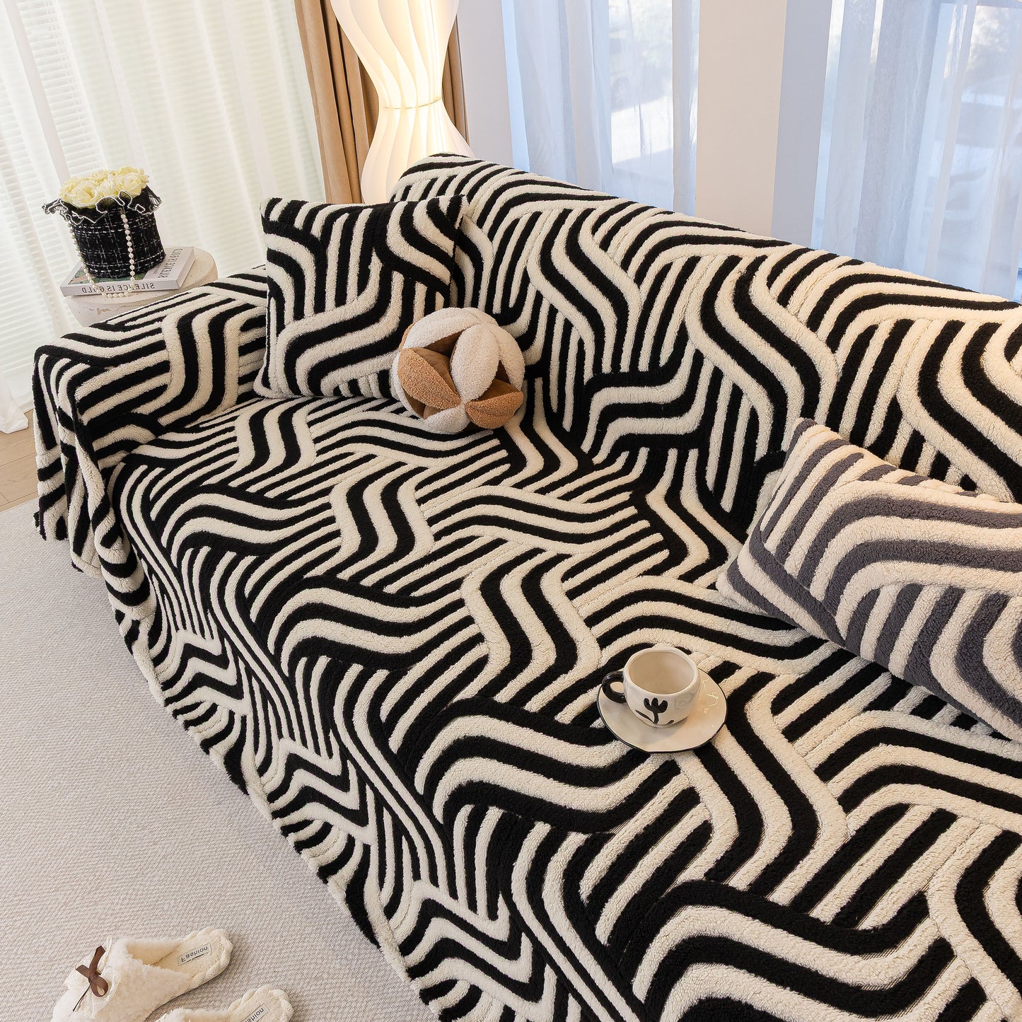 Plush Sherpa Sofa Throw Cover for Sectional, Jacquard Wave Throw Furniture Protector