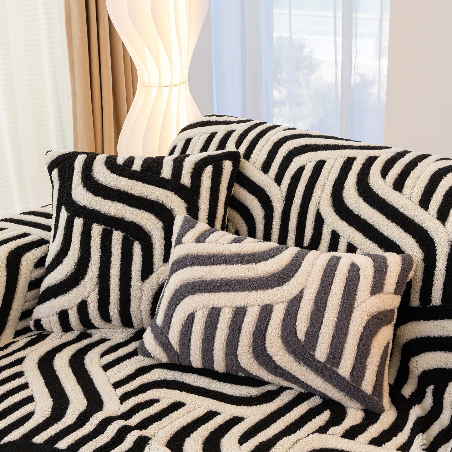 Plush Sherpa Sofa Throw Cover for Sectional, Jacquard Wave Throw Furniture Protector