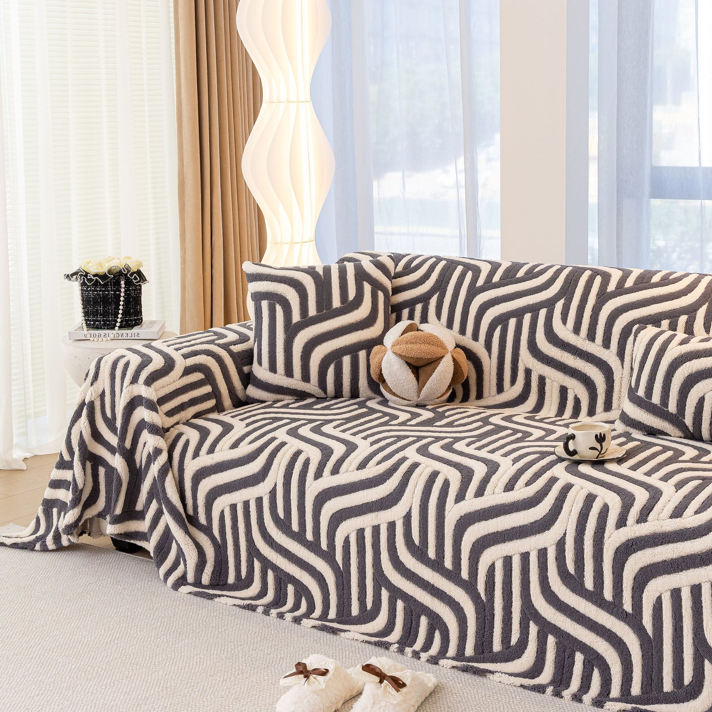 Plush Sherpa Sofa Throw Cover for Sectional, Jacquard Wave Throw Furniture Protector