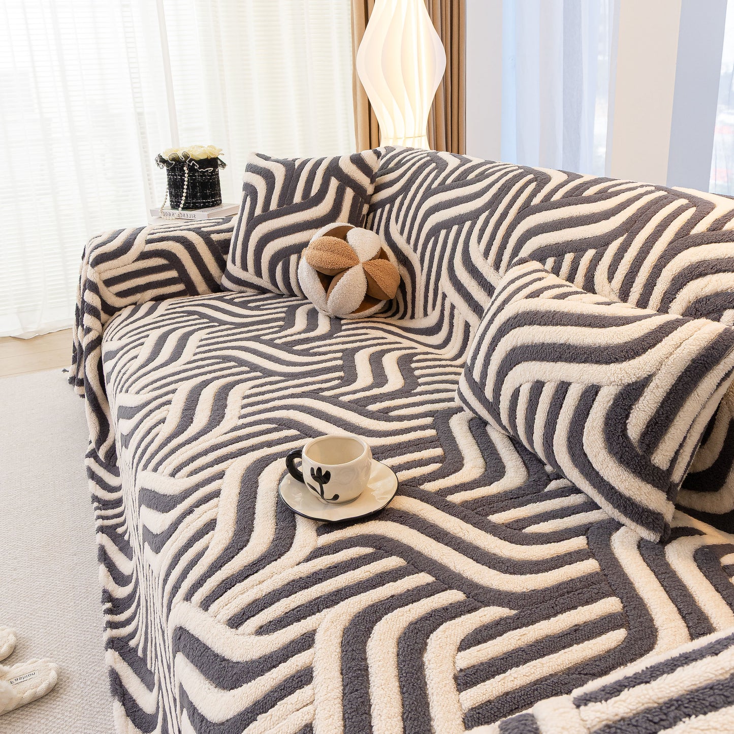 Plush Sherpa Sofa Throw Cover for Sectional, Jacquard Wave Throw Furniture Protector