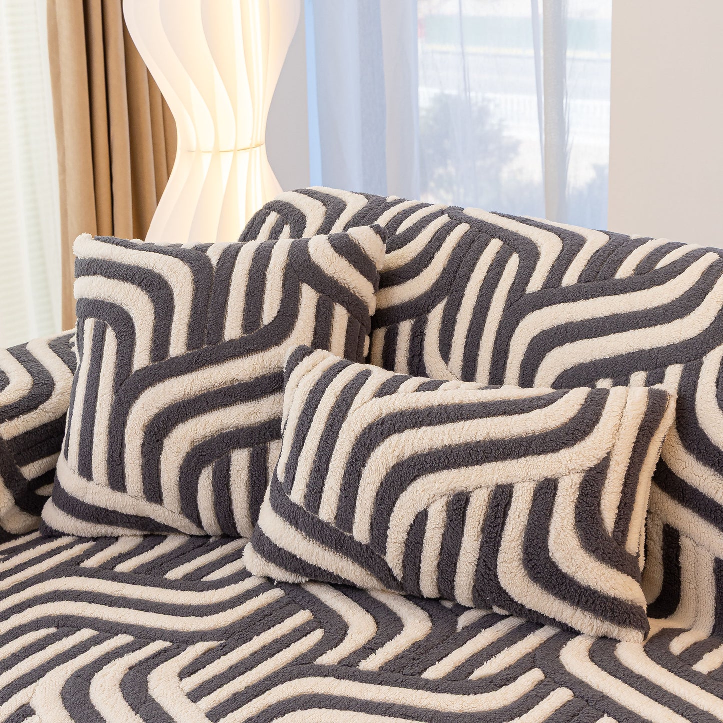 Plush Sherpa Sofa Throw Cover for Sectional, Jacquard Wave Throw Furniture Protector