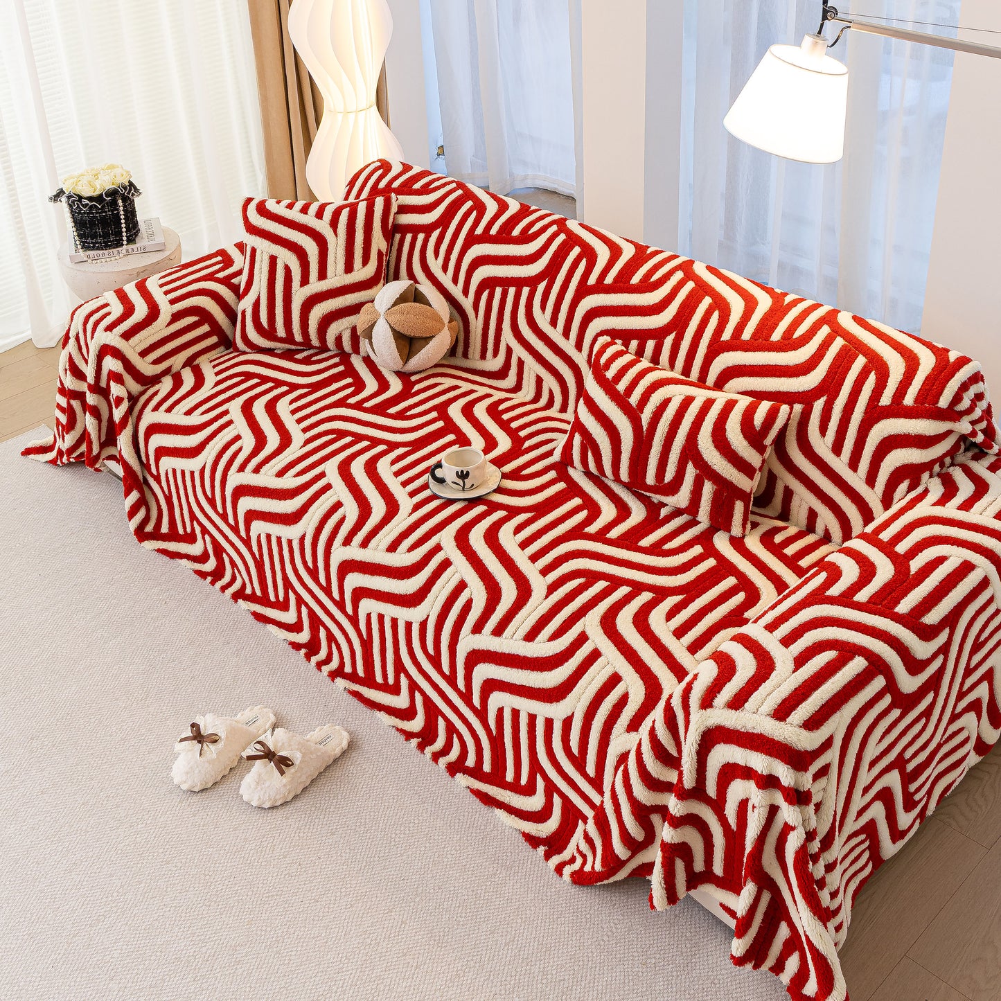 Plush Sherpa Sofa Throw Cover for Sectional, Jacquard Wave Throw Furniture Protector