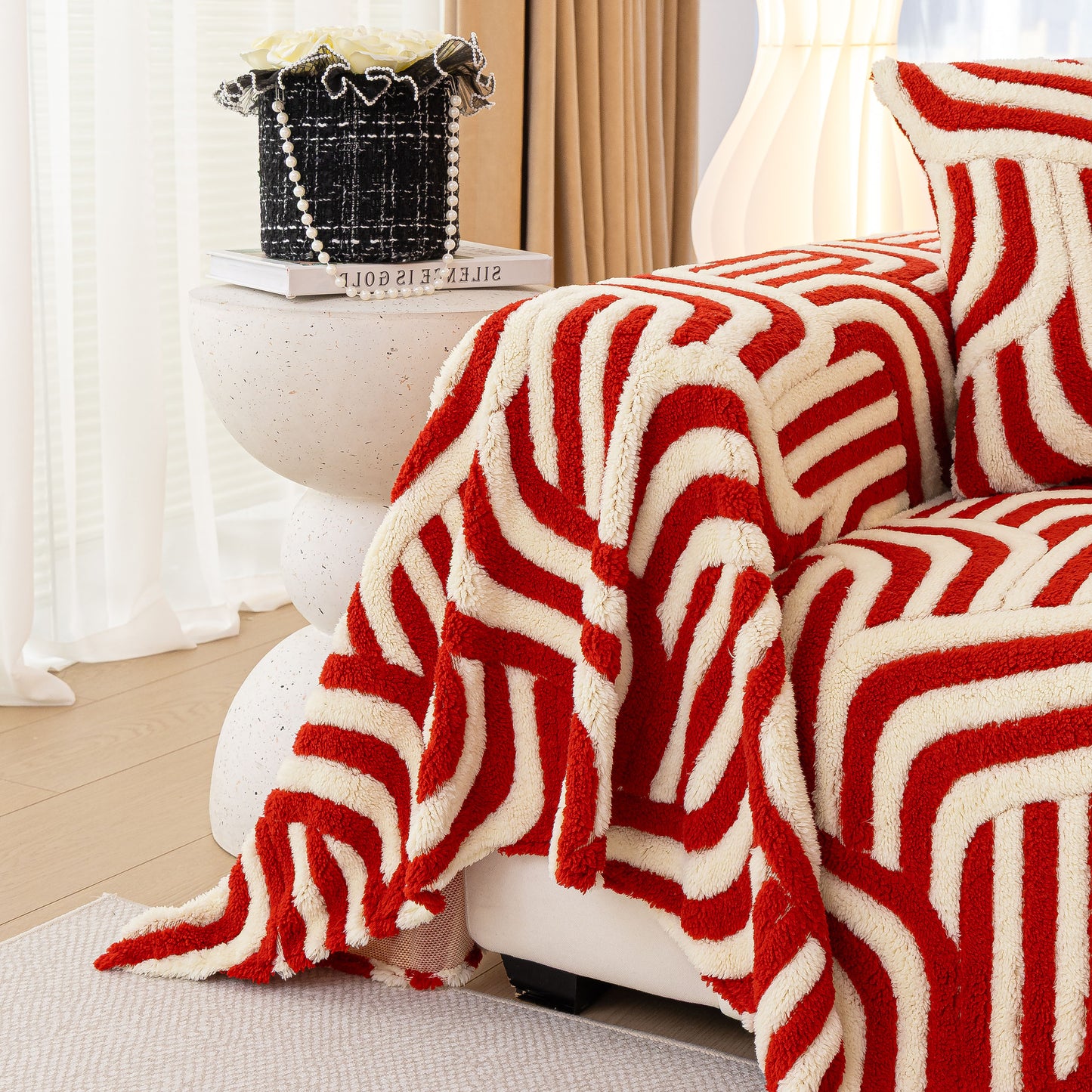 Plush Sherpa Sofa Throw Cover for Sectional, Jacquard Wave Throw Furniture Protector