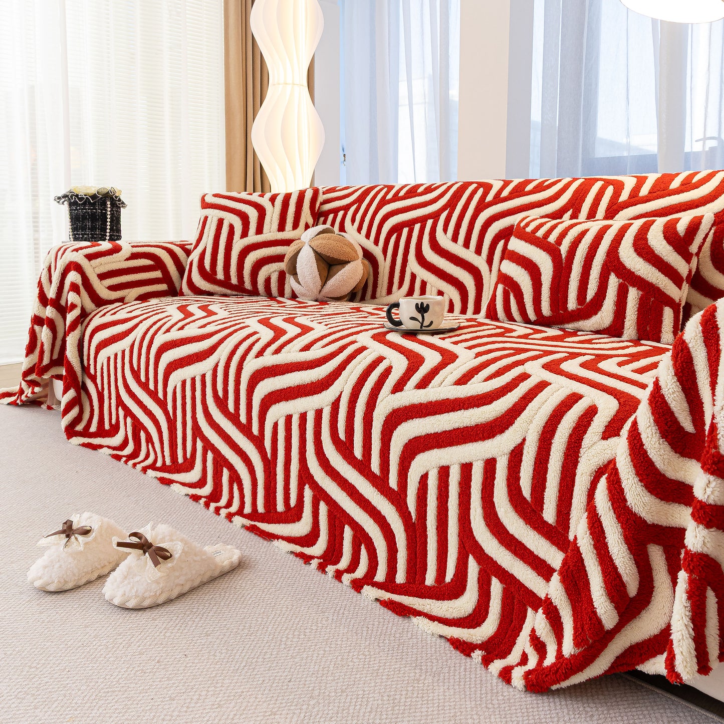 Plush Sherpa Sofa Throw Cover for Sectional, Jacquard Wave Throw Furniture Protector