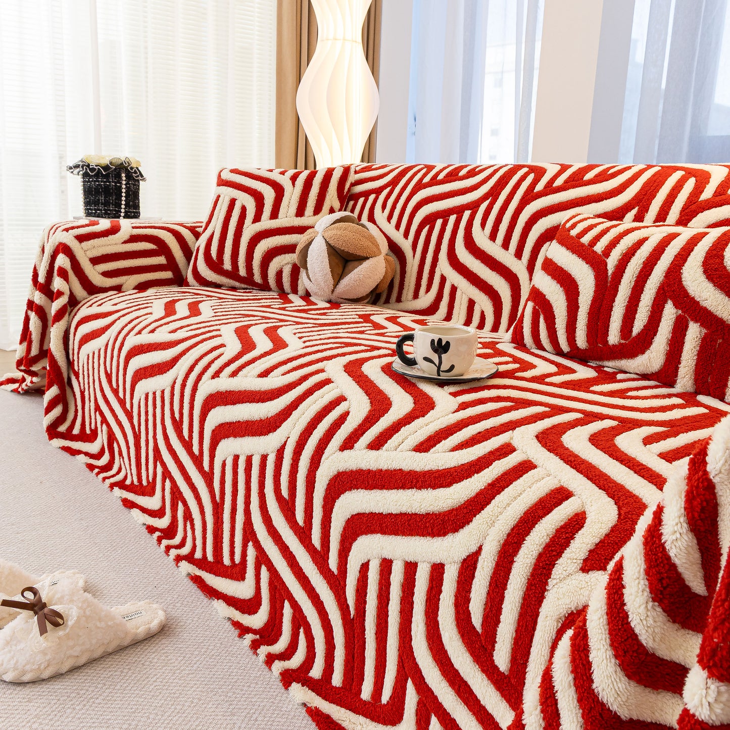 Plush Sherpa Sofa Throw Cover for Sectional, Jacquard Wave Throw Furniture Protector