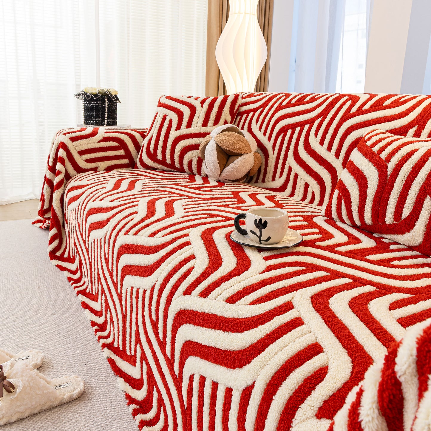 Plush Sherpa Sofa Throw Cover for Sectional, Jacquard Wave Throw Furniture Protector