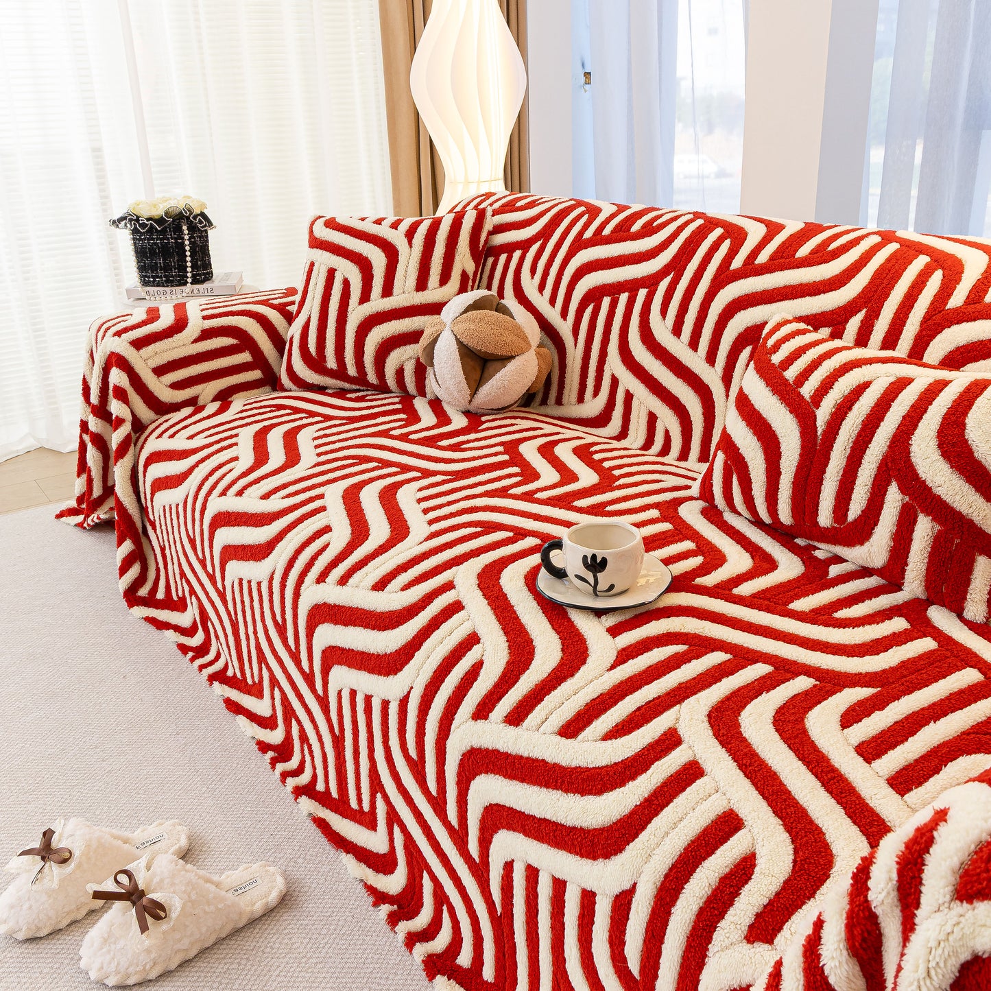 Plush Sherpa Sofa Throw Cover for Sectional, Jacquard Wave Throw Furniture Protector