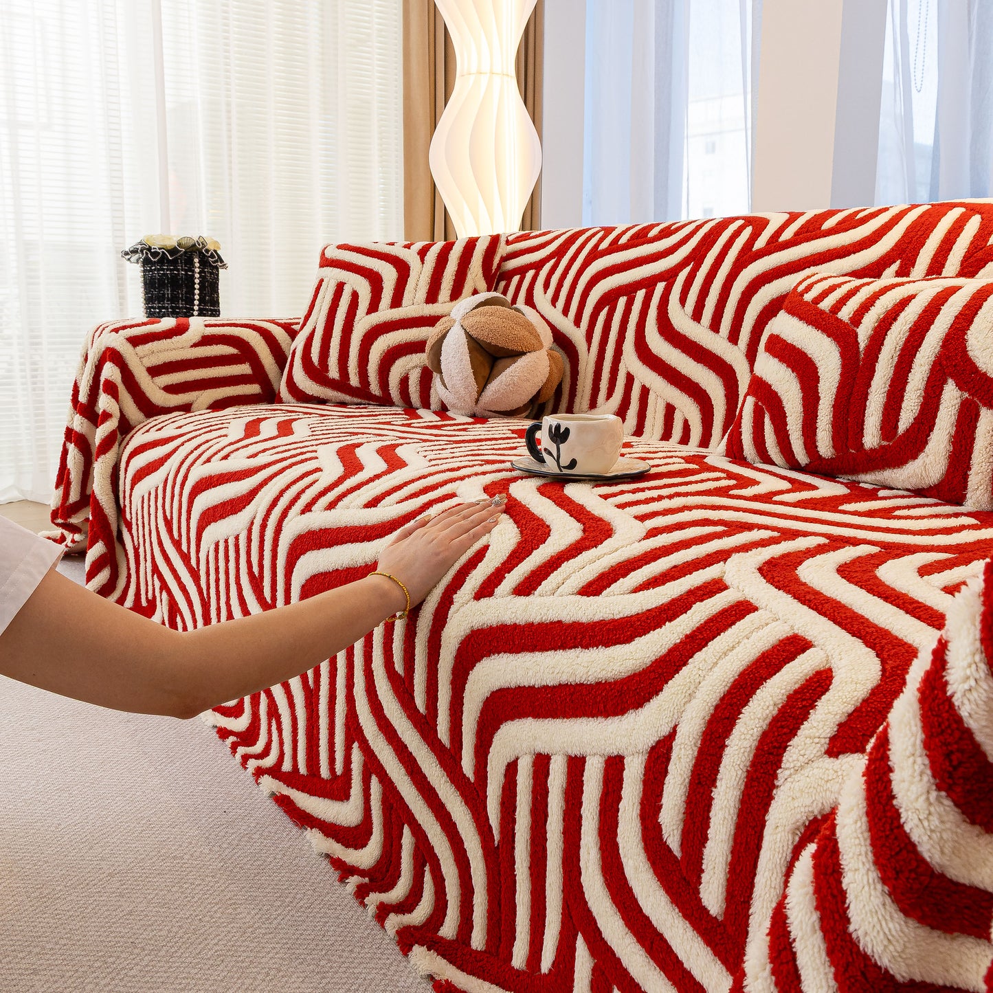 Plush Sherpa Sofa Throw Cover for Sectional, Jacquard Wave Throw Furniture Protector