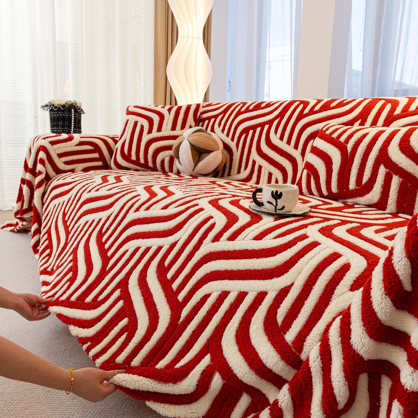 Plush Sherpa Sofa Throw Cover for Sectional, Jacquard Wave Throw Furniture Protector