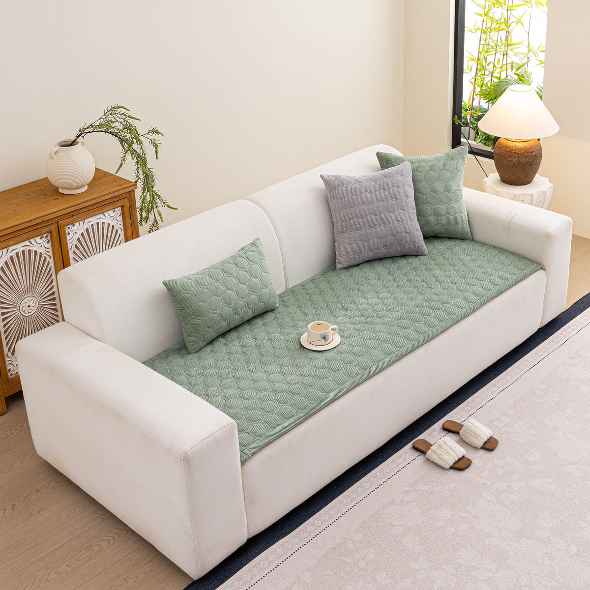 Geometric Quilted Corduroy Couch Topper, Non-Slip Padded Sofa Protector Cover for Pets