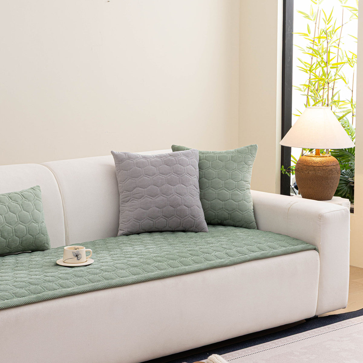 Geometric Quilted Corduroy Couch Topper, Non-Slip Padded Sofa Protector Cover for Pets
