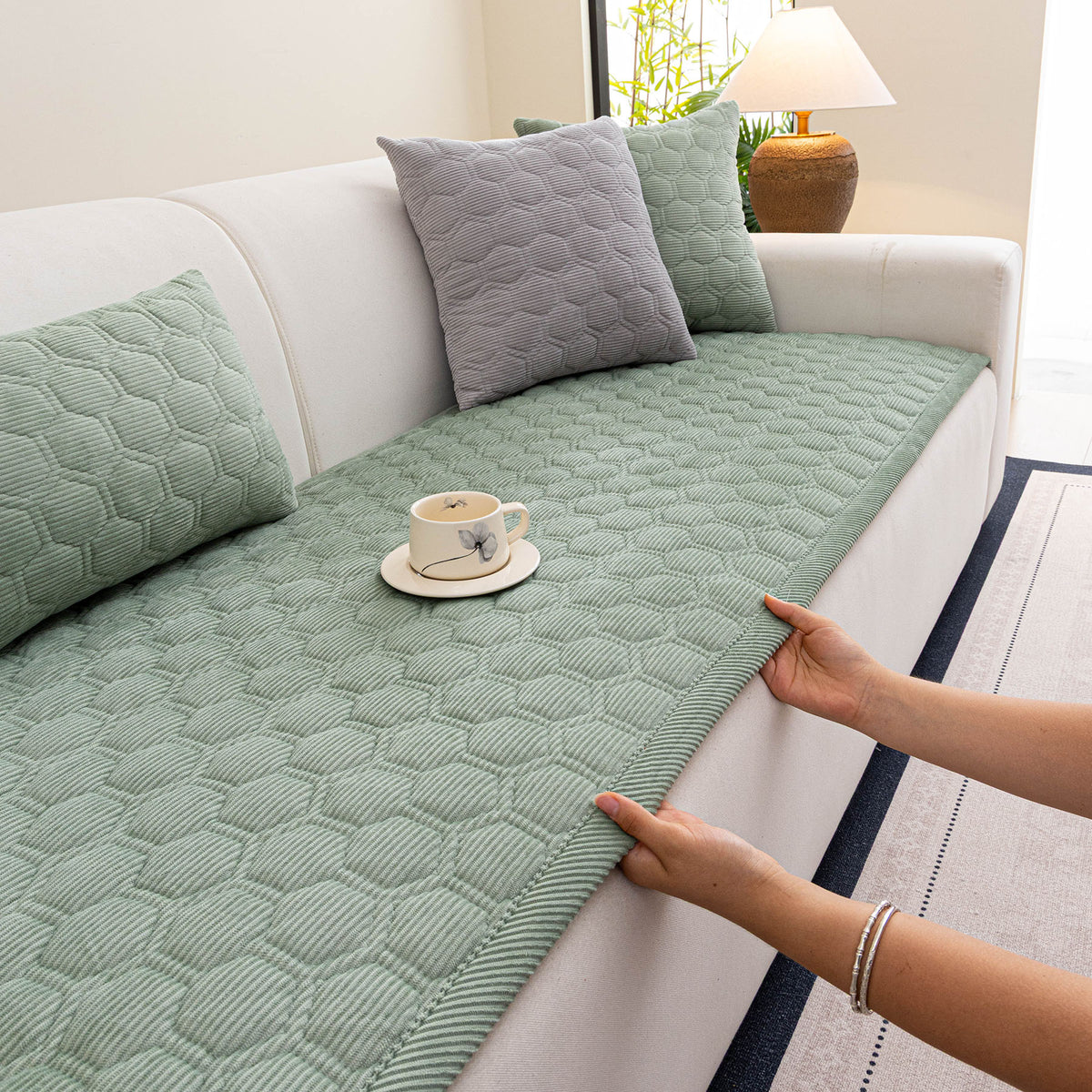 Geometric Quilted Corduroy Couch Topper, Non-Slip Padded Sofa Protector Cover for Pets
