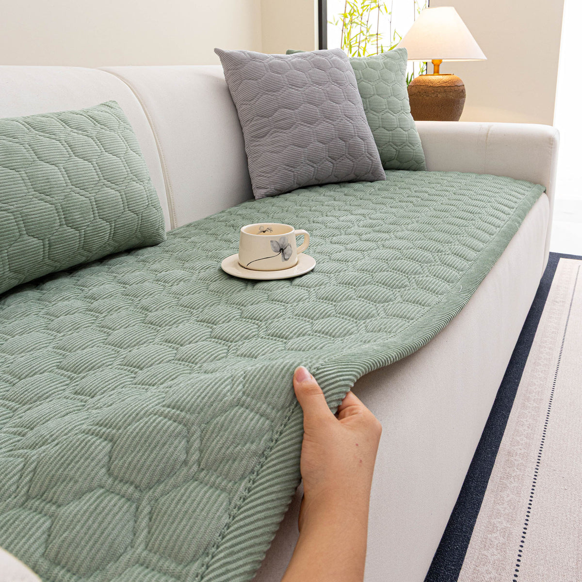 Geometric Quilted Corduroy Couch Topper, Non-Slip Padded Sofa Protector Cover for Pets