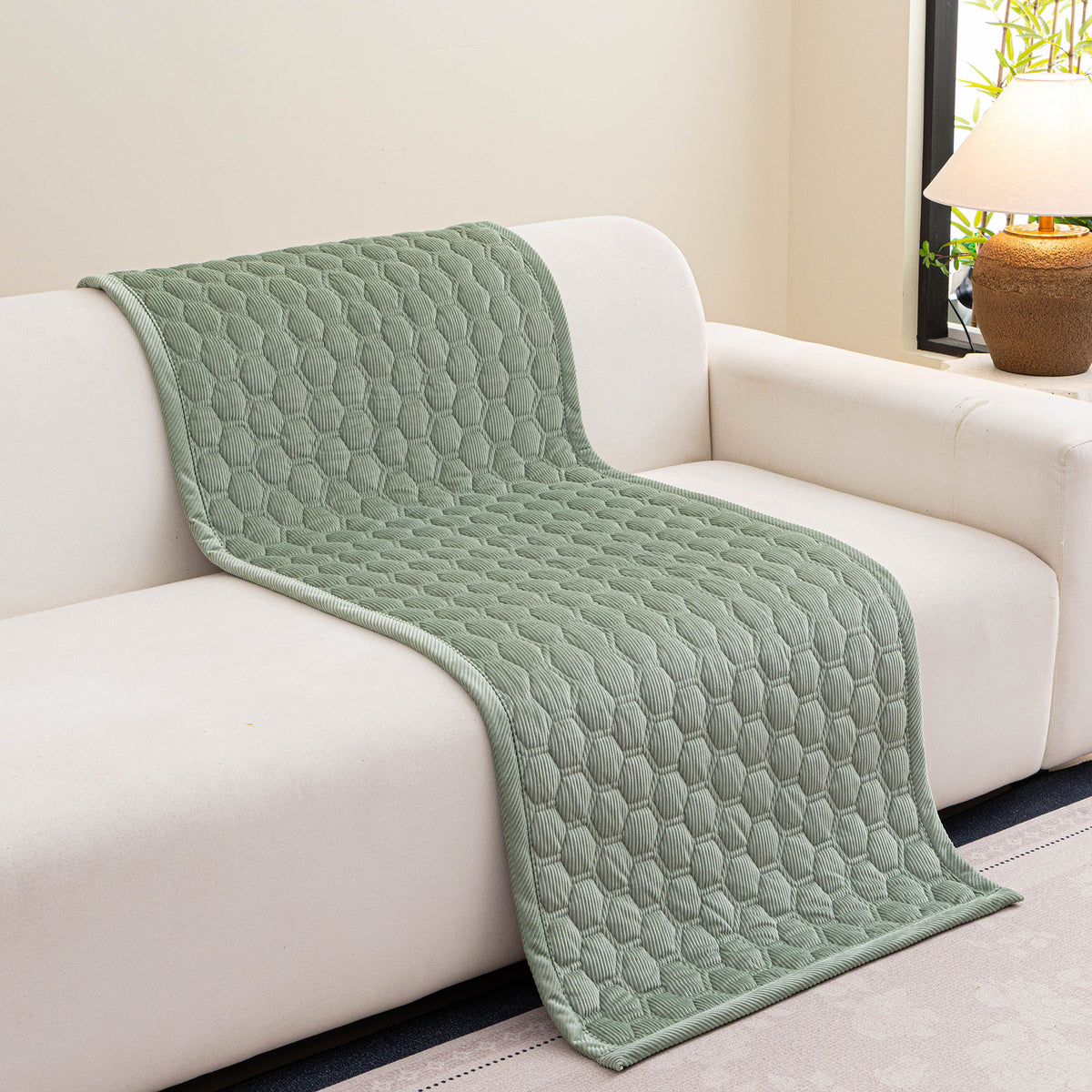 Geometric Quilted Corduroy Couch Topper, Non-Slip Padded Sofa Protector Cover for Pets