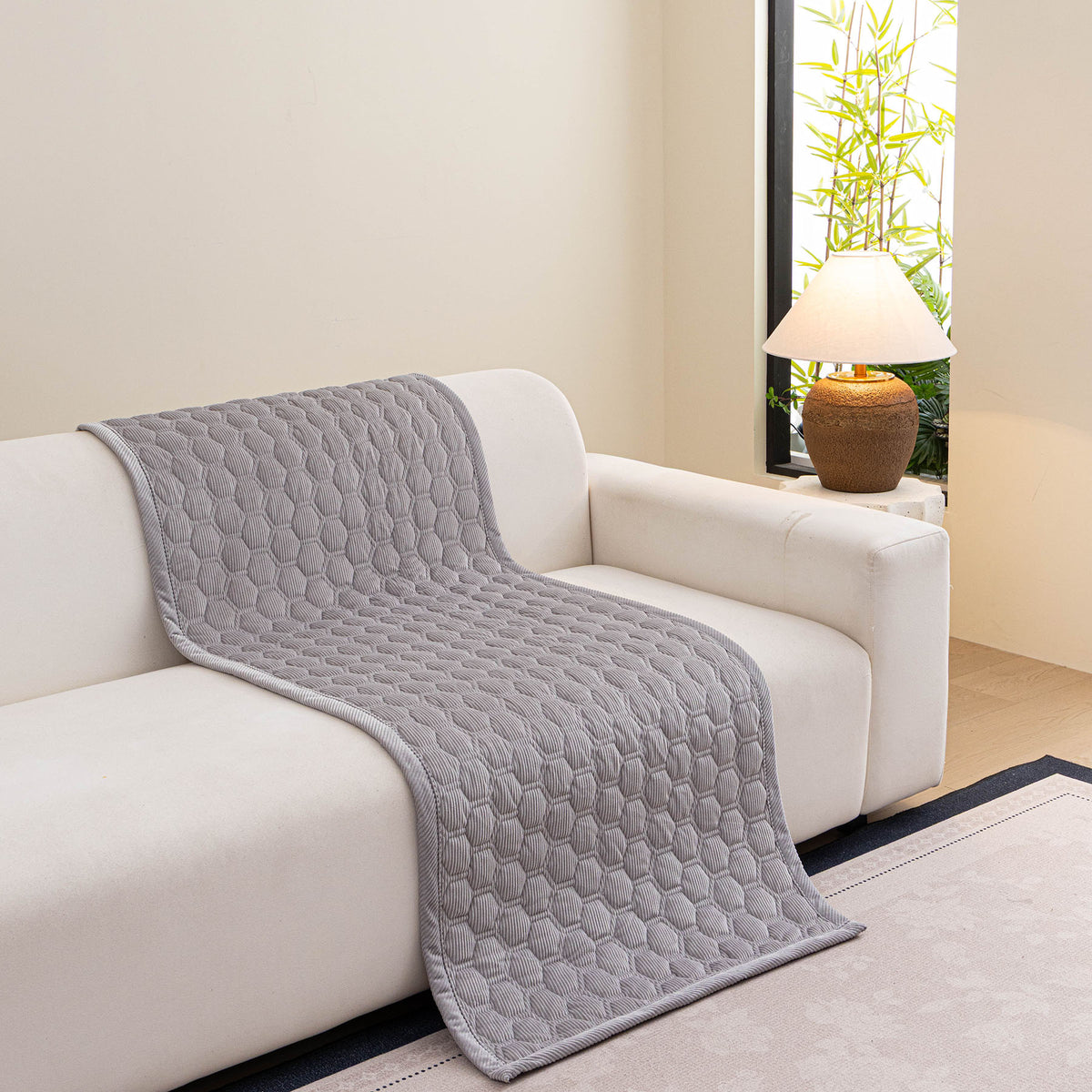 Geometric Quilted Corduroy Couch Topper, Non-Slip Padded Sofa Protector Cover for Pets