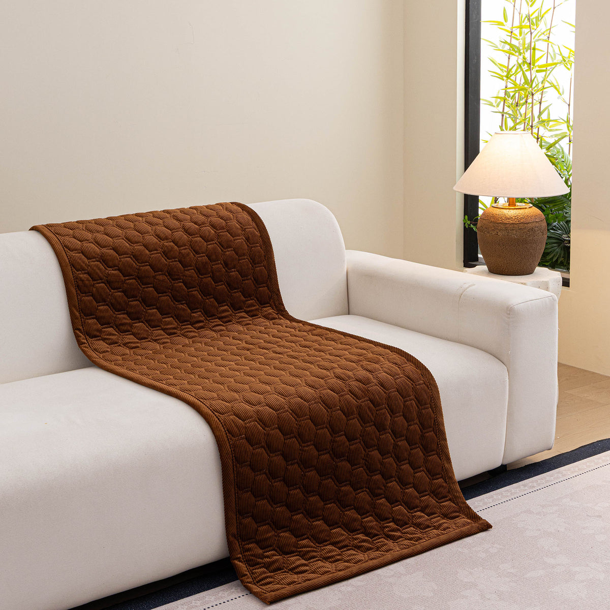 Geometric Quilted Corduroy Couch Topper, Non-Slip Padded Sofa Protector Cover for Pets