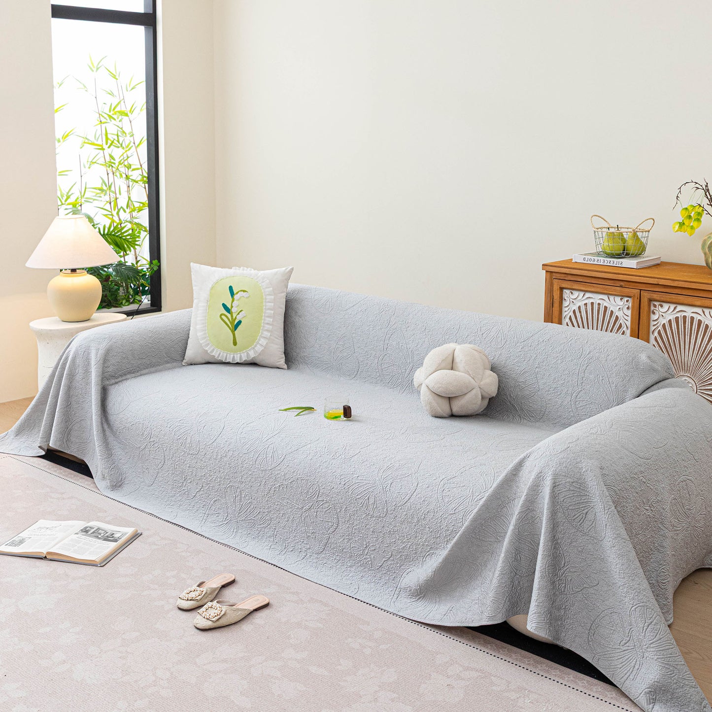 Cooling Embossed Botanical Couch Cover, Soft Ice Silk Furniture Protector for Sofa