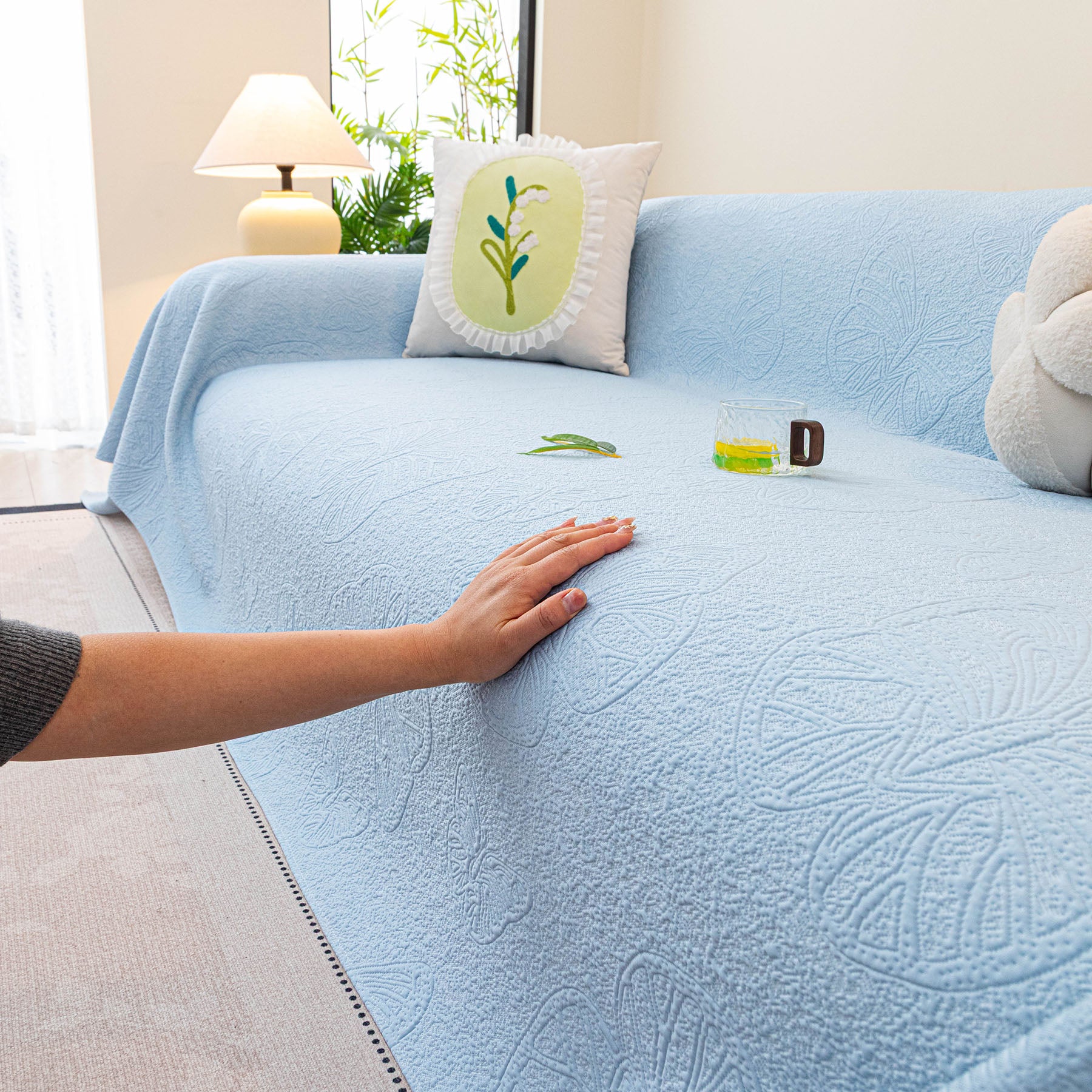 Cooling Embossed Botanical Couch Cover, Soft Ice Silk Furniture