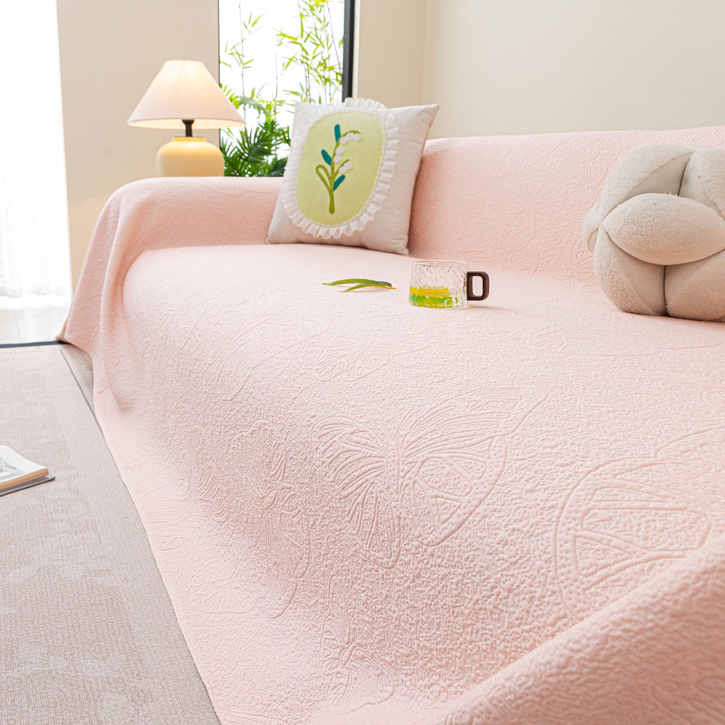 Cooling Embossed Botanical Couch Cover, Soft Ice Silk Furniture Protector for Sofa