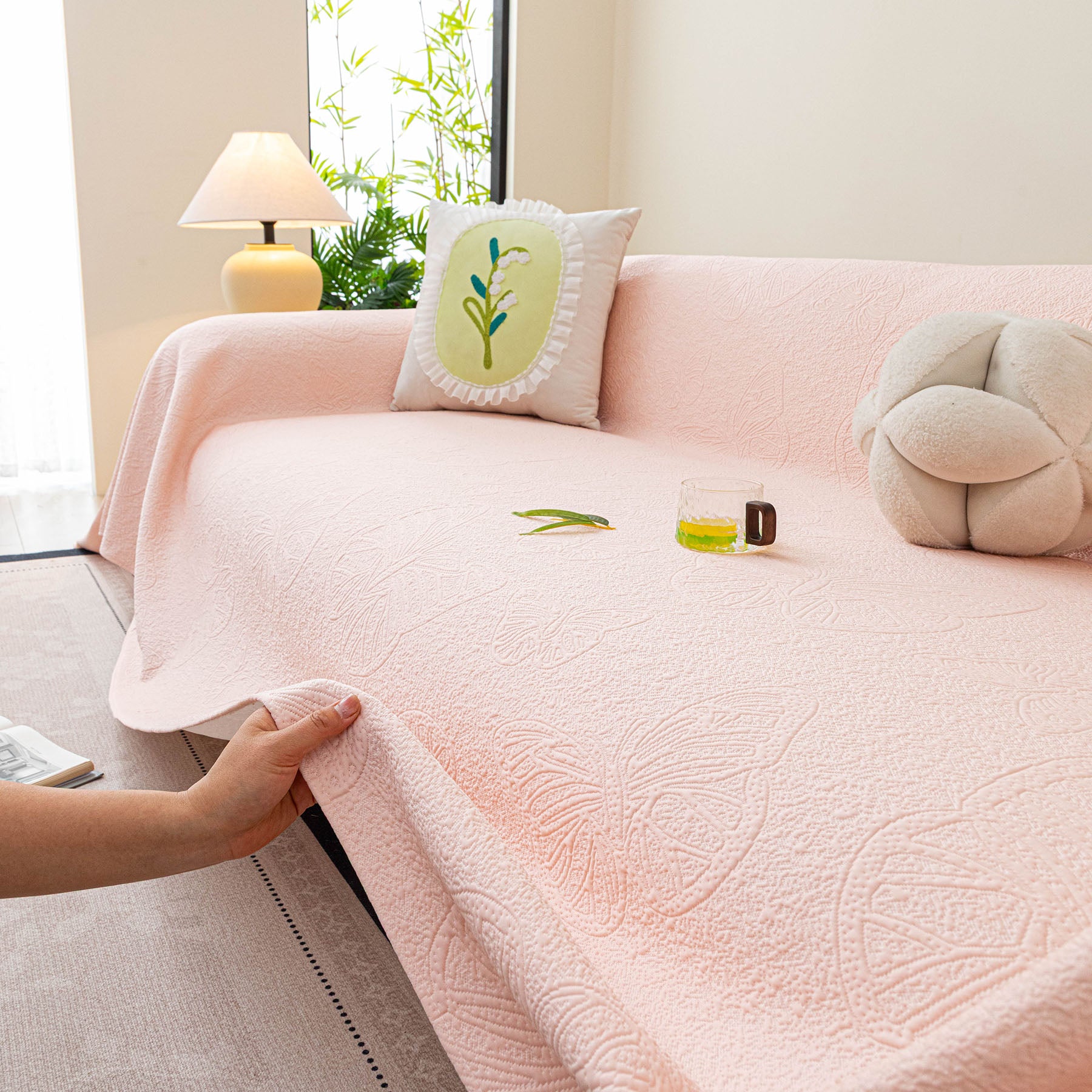 Cooling Embossed Botanical Couch Cover, Soft Ice Silk Furniture