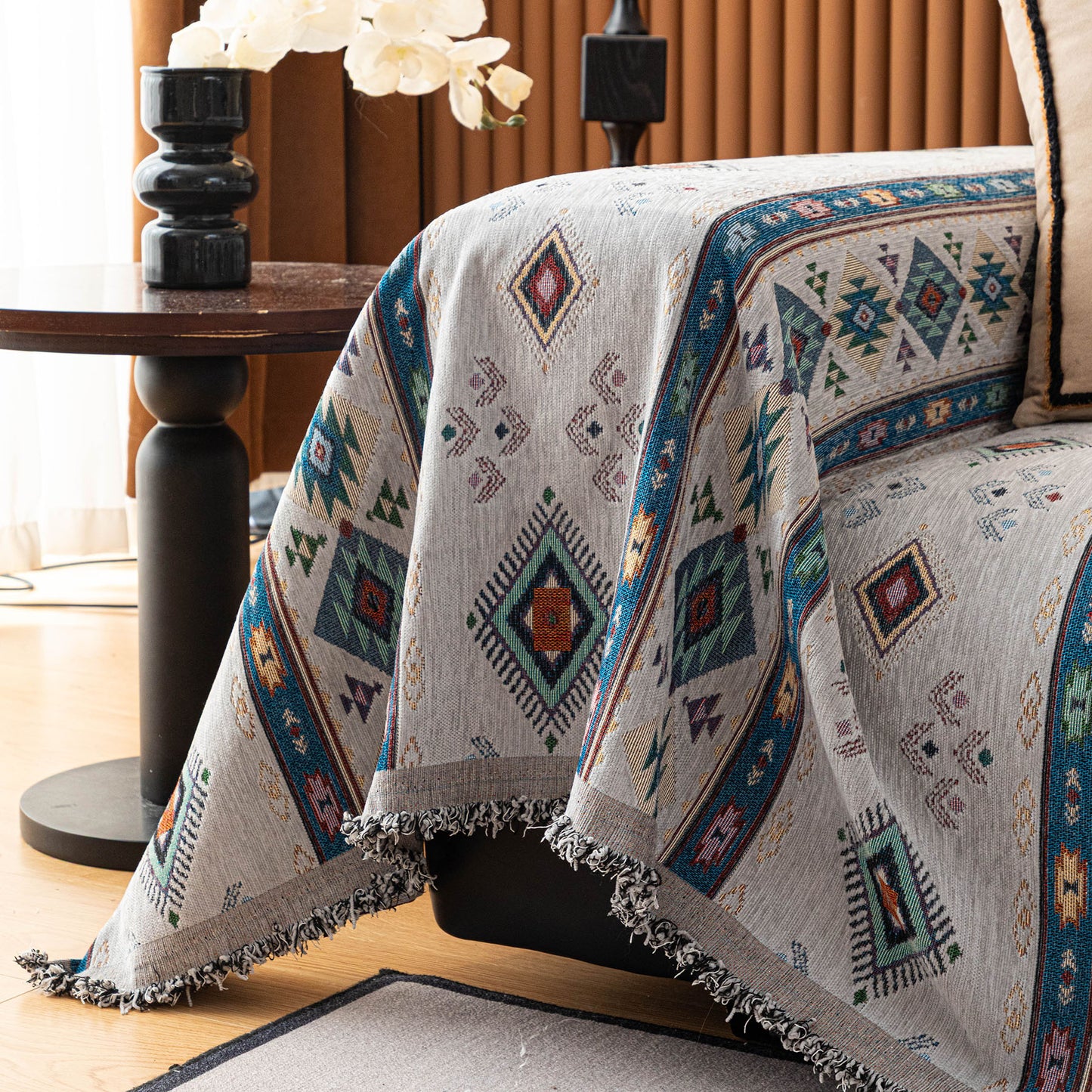 Southwestern Boho Woven Tribal Sofa Cover Blanket, Rustic Farmhouse Couch Throw Cover