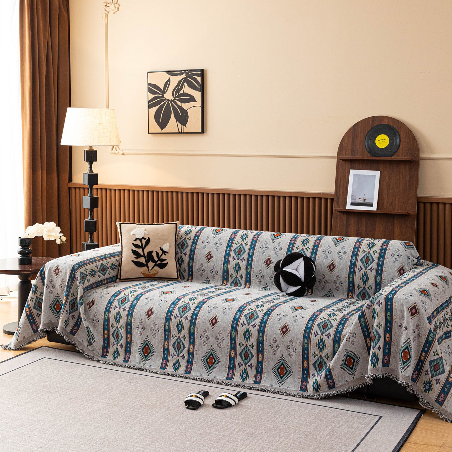 Southwestern Boho Woven Tribal Sofa Cover Blanket, Rustic Farmhouse Couch Throw Cover