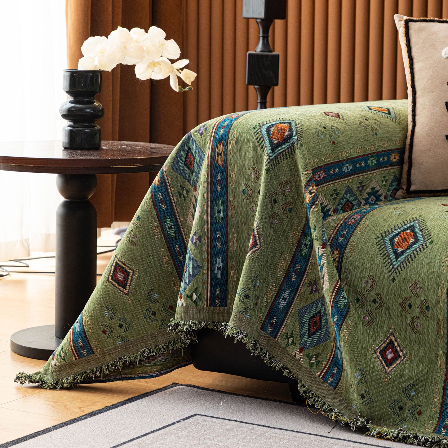 Southwestern Boho Woven Tribal Sofa Cover Blanket, Rustic Farmhouse Couch Throw Cover
