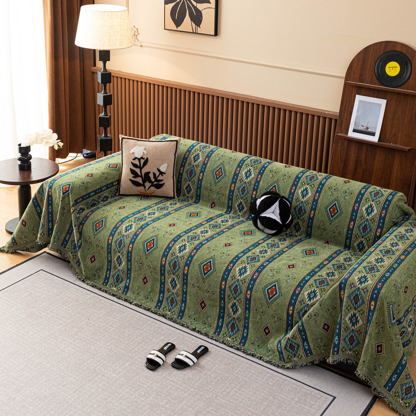 Southwestern Boho Woven Tribal Sofa Cover Blanket, Rustic Farmhouse Couch Throw Cover